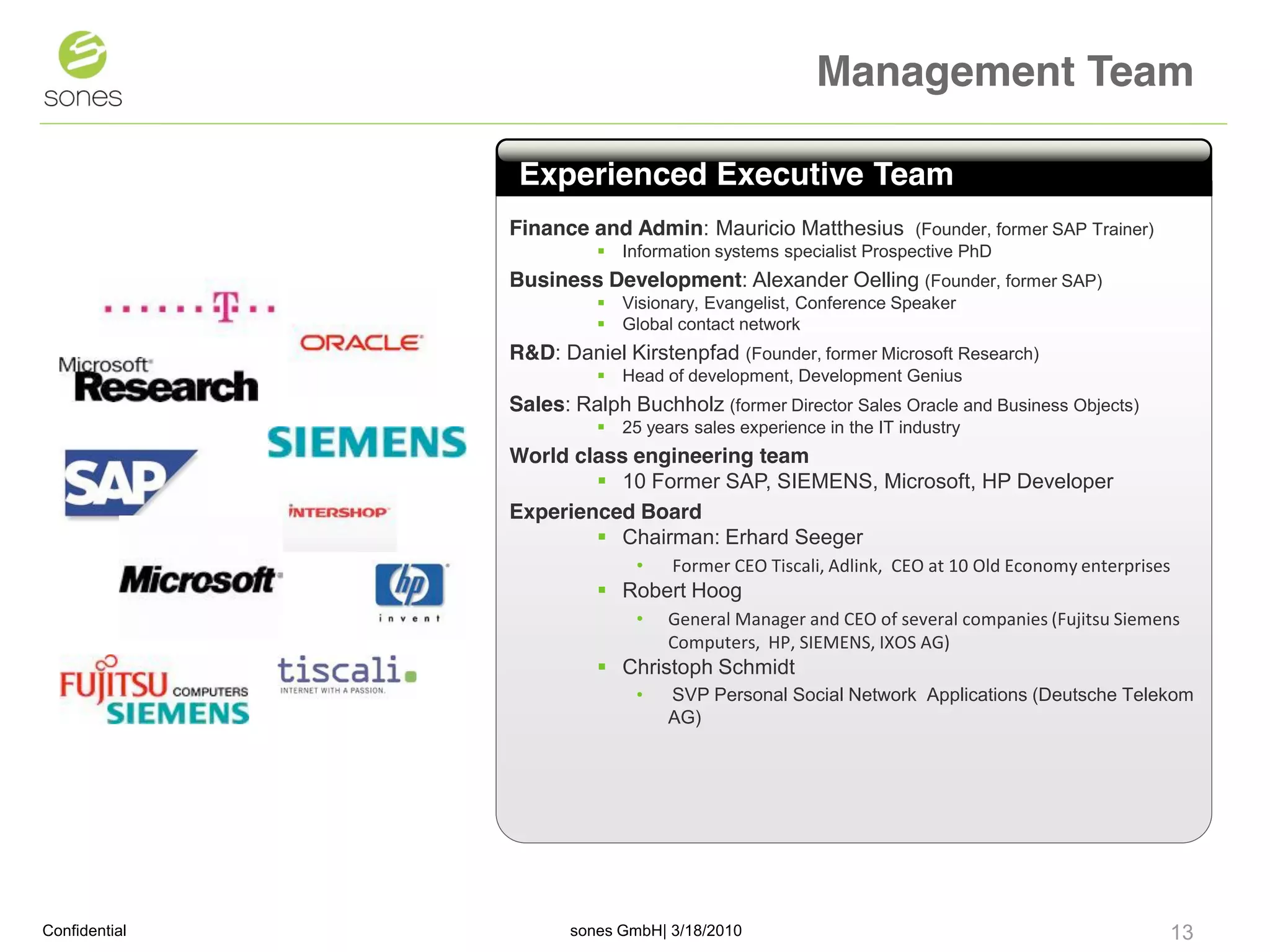 Management Team

                   abcd
                Experienced Executive Team
               Finance and Admin: Mauricio Matthesius (Founder, former SAP Trainer)
                          Information systems specialist Prospective PhD
               Business Development: Alexander Oelling (Founder, former SAP)
                          Visionary, Evangelist, Conference Speaker
                          Global contact network
               R&D: Daniel Kirstenpfad (Founder, former Microsoft Research)
                          Head of development, Development Genius
               Sales: Ralph Buchholz (former Director Sales Oracle and Business Objects)
                          25 years sales experience in the IT industry
               World class engineering team
                        10 Former SAP, SIEMENS, Microsoft, HP Developer
               Experienced Board
                        Chairman: Erhard Seeger
                              •   Former CEO Tiscali, Adlink,  CEO at 10 Old Economy enterprises
                          Robert Hoog
                              •   General Manager and CEO of several companies (Fujitsu Siemens 
                                  Computers,  HP, SIEMENS, IXOS AG)
                          Christoph Schmidt
                              •   SVP Personal Social Network Applications (Deutsche Telekom
                                  AG)




Confidential          sones GmbH| 3/18/2010                                                    13   1
 