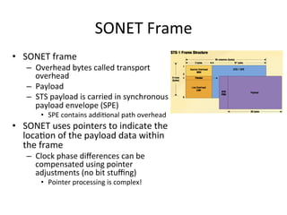 SONET	
  Frame	
  
•  SONET	
  frame	
  	
  
–  Overhead	
  bytes	
  called	
  transport	
  
overhead	
  	
  
–  Payload	
  	
  
–  STS	
  payload	
  is	
  carried	
  in	
  synchronous	
  
payload	
  envelope	
  (SPE)	
  
•  SPE	
  contains	
  addi)onal	
  path	
  overhead	
  	
  
•  SONET	
  uses	
  pointers	
  to	
  indicate	
  the	
  
loca)on	
  of	
  the	
  payload	
  data	
  within	
  
the	
  frame	
  	
  
–  Clock	
  phase	
  diﬀerences	
  can	
  be	
  
compensated	
  using	
  pointer	
  
adjustments	
  (no	
  bit	
  stuﬃng)	
  
•  Pointer	
  processing	
  is	
  complex!	
  	
  
 