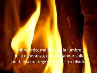 sobre todo, me falta ya la lumbre
 de la esperanza, con que andar solía
por la oscura región de vuestro olvido.
 