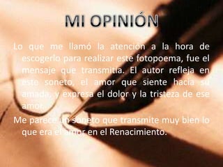 Lo que me llamó la atención a la hora de
  escogerlo para realizar este fotopoema, fue el
  mensaje que transmitía. El autor refleja en
  este soneto, el amor que siente hacia su
  amada, y expresa el dolor y la tristeza de ese
  amor.
Me parece un soneto que transmite muy bien lo
  que era el amor en el Renacimiento.
 