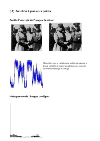(I.1) Fonction à plusieurs points
Profile d’intensité de l’images de départ
Nous observons la variations de profile qui présente la
grande variation de nuance de gris que nous pouvons
observer sur la coupe de l’image.
Histogramme de l’images de départ
 