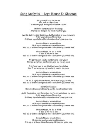 Song Analysis – Lego House Ed Sheeran
I'm gonna pick up the pieces
And build a Lego house
When things go wrong we can knock it down
My three words have two meanings
There's one thing on my mind, it's all for you
And it's dark in a cold December, but I've got ya to keep me warm
And if you're broken I'll mend ya
And keep you sheltered from the storm that's raging on now
I'm out of touch, I'm out of love
I'll pick you up when you're getting down
And out of all these things I've done I think I love you better now
I'm out of sight, I'm out of mind
I'll do it all for you in time
And out of all these things I've done I think I love you better now
I'm gonna paint you by numbers and color you in
If things go right we can frame it, and put you on a wall
And it's so hard to say it but I've been here before
And I'll surrender up my heart and swap it for yours
I'm out of touch, I'm out of love
I'll pick you up when you're getting down
And out of all these things I've done I think I love you better now
I'm out of sight, I'm out of mind, I'll do it all for you in time
And out of all these things I've done I think I love you better now
Don't hold me down
I think my braces are breaking and it's more than I can take
And if it's dark in a cold December, but I've got ya to keep me warm
And if you're broken I'll mend ya
And keep you sheltered from the storm that's raging on now
I'm out of touch, I'm out of love
I'll pick you up when you're getting down
And out of all these things I've done I think I love you better now
I'm out of sight, I'm out of mind
I'll do it all for you in time
And out of all these things I've done I think I love you better now
I'm out of touch, I'm out of love
I'll pick you up when you're getting down
And out of all these things I've done, I'll love you better now
 