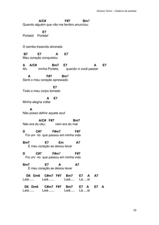 Vinicius Terror – Caderno de sambas



          A/C#            F#7       Bm7
Quando alguém que não me lembro anunciou:

              E7
Portela!   Portela!


O samba trazendo alvorada

B7       E7          A      E7
Meu coração conquistou

A A/C#         Bm7          E7                 A         E7
Ah,    minha Portela,        quando vi você passar

   A            F#7      Bm7
Senti o meu coração apressado

                   E7
Todo o meu corpo tomado

                 A E7
Minha alegria voltar

    A
Não posso definir aquele azul

          A/C# F#7            Bm7
Não era do céu;    nem era do mar

D         C#7        F#m7          F#7
    Foi um rio que passou em minha vida

Bm7         E7       Em               A7
  E meu coração se deixou levar

D         C#7        F#m7          F#7
    Foi um rio que passou em minha vida

Bm7         E7       A          A7
  E meu coração se deixou levar

  D6 Dm6 C#m7 F#7 Bm7                  E7 A        A7
Laiá...... Laiá....... Laiá.....       Lá.....iá

 D6 Dm6        C#m7 F#7 Bm7            E7 A        E7   A
Laiá......    Laiá....... Laiá.....    Lá.....iá




                                                                                    10 
 
 