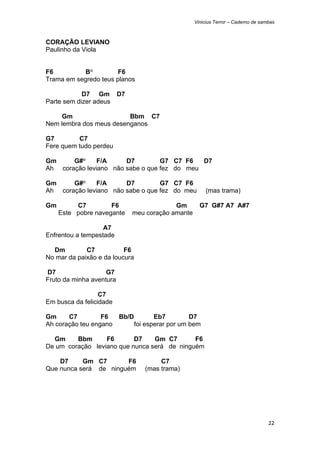 Vinicius Terror – Caderno de sambas



CORAÇÃO LEVIANO
Paulinho da Viola


F6          B°         F6
Trama em segredo teus planos

            D7 Gm         D7
Parte sem dizer adeus

     Gm                  Bbm C7
Nem lembra dos meus desenganos

G7        C7
Fere quem tudo perdeu

Gm     G#°     F/A     D7         G7 C7 F6   D7
Ah coração leviano não sabe o que fez do meu

Gm     G#°     F/A     D7         G7 C7 F6
Ah coração leviano não sabe o que fez do meu              (mas trama)

Gm        C7         F6                     Gm        G7 G#7 A7 A#7
     Este pobre navegante      meu coração amante

                   A7
Enfrentou a tempestade

  Dm         C7           F6
No mar da paixão e da loucura

D7                  G7
Fruto da minha aventura

                  C7
Em busca da felicidade

Gm     C7         F6      Bb/D          Eb7         D7
Ah coração teu engano            foi esperar por um bem

  Gm     Bbm      F6       D7    Gm C7       F6
De um coração leviano que nunca será de ninguém

    D7     Gm C7       F6                C7
Que nunca será de ninguém           (mas trama)




                                                                                    22 
 
 