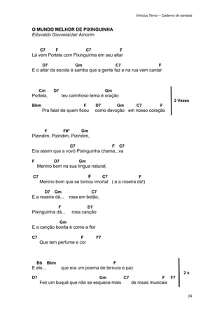 Vinicius Terror – Caderno de sambas



O MUNDO MELHOR DE PIXINGUINHA
Eduvaldo Gouveia/Jair Amorim


         C7     F                        C7                     F
Lá vem Portela com Pixinguinha em seu altar

          D7                    Gm                             C7                        F
E o altar da escola é samba que a gente faz e na rua vem cantar



         Cm     D7                                    Gm
Portela,                teu carinhoso tema é oração
                                                                                                  2 Vezes
Bbm                                     F        D7            Gm          C7             F
          Pra falar de quem ficou                como devoção em nosso coração



           F             F#°        Gm
Pizindim, Pizindim, Pizindim,

                               C7                          F    C7
Era assim que a vovó Pixinguinha chama...va

F               D7                  Gm
     Menino bom na sua língua natural,

    C7                         F     C7                  F
         Menino bom que se tornou imortal ( e a roseira dá!)

           D7   Gm                            C7
E a roseira dá...          rosa em botão,

                    F                       D7
Pixinguinha dá...              rosa canção

                     Gm
E a canção bonita é como a flor

C7                                  F            F7
         Que tem perfume e cor



     Bb       Bbm                                          F
E ele...                que era um poema de ternura e paz
                                                                                                        2x
D7                                                 Gm               C7                       F   F7
         Fez um buquê que não se esquece mais                            de rosas musicais

                                                                                                           24 
 
 