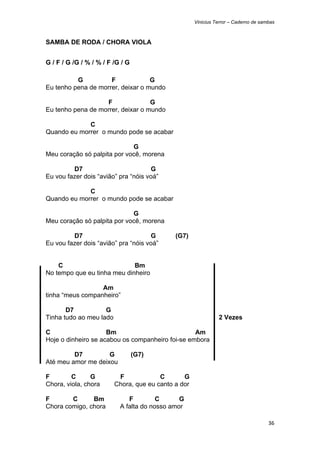 Vinicius Terror – Caderno de sambas



SAMBA DE RODA / CHORA VIOLA


G / F / G /G / % / % / F /G / G

          G          F             G
Eu tenho pena de morrer, deixar o mundo

                   F               G
Eu tenho pena de morrer, deixar o mundo

             C
Quando eu morrer o mundo pode se acabar

                             G
Meu coração só palpita por você, morena

         D7                          G
Eu vou fazer dois “avião” pra “nóis voá”

             C
Quando eu morrer o mundo pode se acabar

                             G
Meu coração só palpita por você, morena

         D7                          G       (G7)
Eu vou fazer dois “avião” pra “nóis voá”


    C                        Bm
No tempo que eu tinha meu dinheiro

                  Am
tinha “meus companheiro”

       D7           G
Tinha tudo ao meu lado                                         2 Vezes

C                    Bm                           Am
Hoje o dinheiro se acabou os companheiro foi-se embora

         D7         G             (G7)
Até meu amor me deixou

F        C      G         F             C       G
Chora, viola, chora      Chora, que eu canto a dor

F       C      Bm             F         C      G
Chora comigo, chora        A falta do nosso amor

                                                                                     36 
 
 