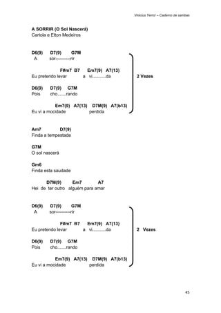 Vinicius Terror – Caderno de sambas



A SORRIR (O Sol Nascerá)
Cartola e Elton Medeiros


D6(9)   D7(9)         G7M
 A      sor----------rir

              F#m7 B7   Em7(9) A7(13)
Eu pretendo levar     a vi...........da    2 Vezes

D6(9)   D7(9) G7M
Pois    cho.......rando

           Em7(9) A7(13) D7M(9) A7(b13)
Eu vi a mocidade        perdida


Am7          D7(9)
Finda a tempestade

G7M
O sol nascerá

Gm6
Finda esta saudade

      D7M(9)       Em7        A7
Hei de ter outro alguém para amar


D6(9)   D7(9)         G7M
 A      sor----------rir

              F#m7 B7   Em7(9) A7(13)
Eu pretendo levar     a vi...........da    2 Vezes

D6(9)   D7(9) G7M
Pois    cho.......rando

           Em7(9) A7(13) D7M(9) A7(b13)
Eu vi a mocidade        perdida




                                                                          45 
 
 
