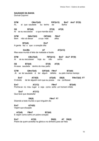 Vinicius Terror – Caderno de sambas



SAUDADE DA BAHIA
Dorival Caymmi


D7M              C#m7(b5)                F#7(b13)         Bm7       Am7 D7(9)
Ai..   ai que saudade   eu tenho         da             Bahia

G6           B7(b9)                   E7(9)       A7(9)
Ai se eu escutasse       o que mamãe dizia

G7M           G#m7(b5)      C#7(b9)           F#m7
Bem    não vá deixar   a sua mãe              aflita

        B7(b9)               Em7
A gente faz o que o coração dita

         Gm/Bb               A7                  A7(b13)
Mas esse mundo é feito de maldade e ilusão

D7M          C#m7(b5)         F#7(b13)            Bm7        Am7 D7(9)
Ai  se eu escutasse   hoje eu  não               sofria

G6         B7(b9)             E7(9)           A7(9)
Ai essa saudade dentro do meu peito

G7M         G#m7(b5)    C#7(b9) F#m7                      B7(b9)
Ai se ter saudade é ter algum defeito             eu pelo menos mereço

    Em7             A7/4(9)           A7(b9)  D6(9)       F#m7(b5) F7
O direito   de ter alguém com que eu possa   me confessar

Em7              A7(13)           F#m7             B7(b9)
Ponha-se no meu lugar e veja como sofre um homem infeliz

    Em7            A7(13)
Que teve que desabafar

               D6(9)                F#m7 F7
Dizendo a todo mundo o que ninguém diz

Em7            A7/4(9)
Vejam que situação

  A7(b9)     F#m7               B7(b9)
E vejam como sofre um pobre coração

Em7              A7(9)                   D6(9)       A7 D6(9)
Pobre de quem acredita na glória e no dinheiro para ser feliz



                                                                                      51 
 
 