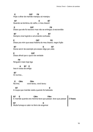 Vinicius Terror – Caderno de sambas




 E                C#7    F#
Hoje o olhar de mamãe marejou só marejou

 B7                         E         B7
Quando se lembrou do velho, o meu bisavô

E                    C#7                  F#
Disse que ele foi escravo mas não se entregou à escravidão

B7                          E          B7
Sempre vivia fugindo e arrumando confusão

E                         C#7              F#
Disse pra mim que essa história do meu bisavô, negro fujão

B7                                E         B7
Devia servir de exemplo pra esses nêgo pai João

E                    C#7
Disse afinal que o que é de verdade

     F#
Ninguém mais hoje liga

        A    B7 E
Isso é coisa da antiga

B7
Oi na tina...


 E     C#m         F#m
Na tina,        vovó lavou, vovó lavou

   B7                                    E
A roupa que mamãe vestiu quando foi batizada


B7   E              C#m             F#m
E mamãe quando era menina teve que passar, teve que passar          2 Vezes

B7                                 E
Muita fumaça e calor no ferro de engomar




                                                                                  56 
 
 