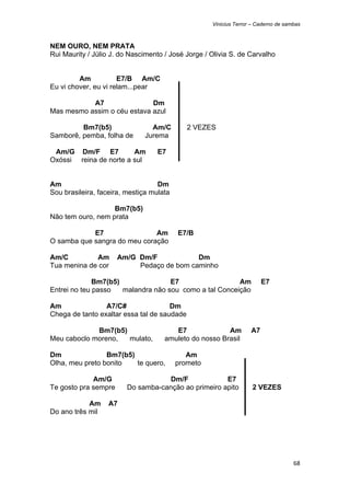 Vinicius Terror – Caderno de sambas



NEM OURO, NEM PRATA
Rui Maurity / Júlio J. do Nascimento / José Jorge / Olivia S. de Carvalho


         Am           E7/B Am/C
Eu vi chover, eu vi relam...pear

           A7                Dm
Mas mesmo assim o céu estava azul

         Bm7(b5)                Am/C         2 VEZES
Samborê, pemba, folha de      Jurema

 Am/G Dm/F E7           Am         E7
Oxóssi reina de norte a sul


Am                                 Dm
Sou brasileira, faceira, mestiça mulata

                   Bm7(b5)
Não tem ouro, nem prata

            E7                Am          E7/B
O samba que sangra do meu coração

Am/C         Am       Am/G Dm/F            Dm
Tua menina de cor          Pedaço de bom caminho

              Bm7(b5)               E7                  Am              E7
Entrei no teu passo   malandra não sou como a tal Conceição

Am               A7/C#                Dm
Chega de tanto exaltar essa tal de saudade

             Bm7(b5)                    E7              Am         A7
Meu caboclo moreno,  mulato,         amuleto do nosso Brasil

Dm               Bm7(b5)                     Am
Olha, meu preto bonito   te quero,        prometo

             Am/G                    Dm/F             E7
Te gosto pra sempre      Do samba-canção ao primeiro apito         2 VEZES

            Am     A7
Do ano três mil




                                                                                    68 
 
 