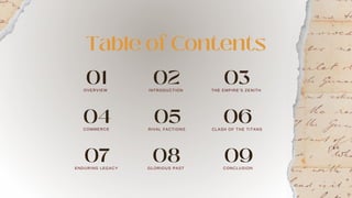 01
OVERVIEW
02
INTRODUCTION
03
THE EMPIRE’S ZENITH
04
COMMERCE
05
RIVAL FACTIONS
06
CLASH OF THE TITANS
Table of Contents
07
ENDURING LEGACY
08
GLORIOUS PAST
09
CONCLUSION
 