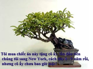 Tôi mua chiếc áo này tặng cô ấy, lần đầu tiênTôi mua chiếc áo này tặng cô ấy, lần đầu tiên
chúng tôi sang New York, cách đây 8 - 9 năm rồi,chúng tôi sang New York, cách đây 8 - 9 năm rồi,
nhưng cô ấy chưa bao giờ mặc!nhưng cô ấy chưa bao giờ mặc!
 