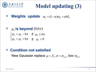 Model updating (3)
      Weights update k  (1   )k  M k


       k is beyond [0,6 )
      k   k  6   if  k  6
     
      k   k  6   if  k  0


     Condition not satisfied
       New Gaussian replace   X t ,    init , low init


2012-09-27                                                     14
 