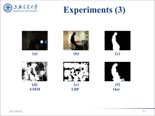 Experiments (3)



             （a）    （b）       （c）




             （d）    （e）        （f）
             GMM    LBP        Our




2012-09-27                           21
 