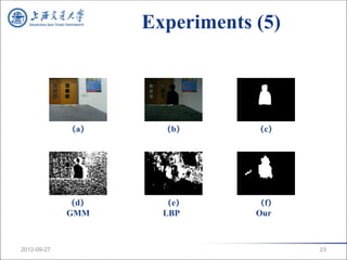 Experiments (5)




             （a）     （b）       （c）




             （d）     （e）       （f）
             GMM     LBP       Our



2012-09-27                           23
 