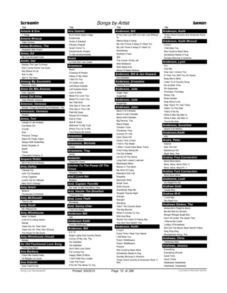 Title
Amerie & Eve
1 Thing
Amerie Wvocal
Take Control
Ames Brothers, The
Hawaiian War Chant
Ames, Ed
My Cup Runneth Over
Amitri, Del
Always The Last To Know
Don’t Come Home Too Soon
Not Where It's At
Roll To Me
Spit In The Rain
Among My Souvenirs
Robbins, Marty
Amor De Mis Amores
Lara, Agustin
Amor Del Alma
Jose Alfredo Jimenez
Amorosi, Vanessa
Simple Things (Something Emotional), The
Amorossi, Vanessa
Perfect
Amos, Tori
Caught A Lite Sneeze
Cornflake Girl
Crucify
God
Precious Things
Silent All These Years
Sleeps With Butterflies
Sorta Fairytale, A
Spark
Talula
Thousand Oceans, A
Amparo Rubin
No El No Es Un Rocky
Amy Dalley
I Would Cry
Let's Try Goodbye
Living Together
Love's Got An Attitude
Men Don't Change
Amy Grant
Believe
Tennessee Christmas
Amy McDonald
This Is Life
Amy Studt
All I Wanna Do
Amy Winehouse
Back To Black
Love Is A Losing Game
Rehab
Tears Dry On Their Own
Tears Dry On Their Own Wvocal
You Know I'm No Good
Amy Winehouse (Vocal)
Rehab
An Old Fashioned Love Song
Three Dog Night
Ana Barbara
Como Me Haces Falta
Te Regalo La Lluvia
Ana Gabriel
Eres Todo En Mi
Screamin Songs by Artist Demon
Title
Ana Gabriel
Es El Amor Quien Llega
Evidencias
Huelo A Soledad
Pecado Original
Quien Como Tu
Simplemente Amigos
Tu Me Acostumbraste
Anais
Lo Que Son Las Cosas
Anastacia
Boom
Cowboys & Kisses
Heavy In My Heart
I Ask For You
I'm Outta Love
Left Alone Outside
Left Outside Alone
Love Is Alive
Made For Lovin You
Made For Lovin' You
Not That Kind
One Day In Your Life
One Day In Your Life
Paid My Dues
Pieces Of A Dream
Sick & Tired
Sick & Tirerd
Welcome To My Truth
Why'd You Lie To Me
You'll Never Be Alone
Anastasia
I'm Outta Love
Anastasio, Michelle
Crazy
Anastasio, Trey
Shine
Anberlin
Paperthin Hymn
Anchor To The Power Of The
Cross
Hinsons, The
And I Love Her
Beatles
And, Captain Tennille
Do That To Me One More Time
And, Hootie The Blowfish
Tucker's Town
And, Love Theft
Runaway
And, Sonny Cher
I Got You Babe
Anderson Bill
Still
Anderson Keith
Pickin Wildflowers
Anderson, Bill
8 X 10
Bright Lights And Country Music
Corner Of My Life, The
Dis Satisfied
Dis-Satisfied
Don't She Look Good
For Loving You
Happy State Of Mind
I Can't Wait Any Longer
I Get The Fever
If It's All The Same To You
Title
Anderson, Bill
If You Can Live With It (I Can Live Without
It)
Mama Sang A Song
My Life (Throw It Away If I Want To)
My Life Throw It Away If I Want To
Sometimes
Southern Fried
Still
The Corner Of My Life
Wild Weekend
Wild Week-End
World Of Make Believe
Anderson, Bill & Jan Howard
Dis-Satisfied
Anderson, Ernestine
Feeling Good
Anderson, Jade
Sugar High
Sugarhigh
Anderson, Jade
Sugarhigh
Anderson, John
Bend It 'til It Breaks
Bend It Until It Breaks
Bend Until It Breaks
Big Revival, The
Black Sheep
Chicken Truck
Christmas Time
Country 'til I Die
Goin' Down Hill
Honky Tonk Crowd
I Fell In The Water
I Wish I Could Have Been There
It Ain't Easy Being Me
I've Got It Made
Let Go Of The Stone
Long Hard Lesson Learned
Mississippi Moon
Money In The Bank
My Kind Of Crazy
Nobody's Got It All
Paradise
Seminole Wind
Small Town
Solid Ground
Somebody Slap Me
Straight Tequila Night
Swingin
Swingin'
Swinging
Takin' The Country Back
The Big Revival
When It Comes To You
Wild And Blue
Would You Catch A Falling Star
You Ain't Hurt Nothin' Yet
Anderson, Keith
C'mon!
Every Time I Hear Your Name
I Still Miss You
Pickin' Wildflowers
Pickin’ Wildflowers
Podunk
She Could've Been Mine
Somebody Needs A Hug
Sunday Morning In America
Three Chord Country & American Rock 'n'
Roll
Title
Anderson, Keith
Three Chord Country And American Rock
'N' Roll
Anderson, Keith Wvocal
C'mon!
I Still Miss You
She Could've Been Mine
Somebody Needs A Hug
Sunday Morning In America
Anderson, Lynn
Cry
Fool Me
How Can I Unlove You
If I Kiss You (Will You Go Away)
Keep Me In Mind
Listen To A Country Song
No Another Time
Oh Superman
Promises, Promises
Rocky Top
Rose Garden
Sing About Love
Stay There 'Til I Get There
Talkin' To The Wall
That's A No No
What A Man My Man Is
What A Man, My Man Is
You're My Man
Anderson, Sunshine
Heard It All Before
Anderson,Keith
XXL
Andre, Peter
Insania
Kiss The Girl
Mysterious Girl
Right Way, The
Andrea True Connection
More More More
More, More, More (Part 1)
More, More, More Pt. 1
Andrea Ture Connection
More More More
Andreone, Leah
It's Alright It's Ok
Andrew Gold
Lonely Boy
Andrew W.K.
I Love Nyc
We Want Fun
Andrews Sisters, The
Alexander's Ragtime Band
Bei Mir Bist Du Schoen
Boogie Woogie Bugle Boy
Don't Sit Under The Apple Tree
I Wanna Be Loved
Lullaby Of Broadway
Roll Out The Barrel (Beer Barrel Polka)
Sing Sing Sing
Woodpecker Song, The
Andrews, Chris
Yesterday Man
Andrews, Jessica
Everything
Everything Wvocal
Good Time
Good Times
Helplessly Hopelessly
Helplessly, Hopelessly
ofPrinted 5/6/2015 Page 10 Licensed to Marcello Adamo286Song List Generator®
 