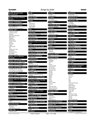 Title
Iglesias, Enrique & Sean
Garrett-Wvocal
Away
Iglesias, Enrique & Whitney
Houston
Could I Have This Kiss Forever
Iglesias, J & W Nelson
To All The Girls I've Loved Before
Iglesias, J. & W. Nelson
To All The Girls I've
To All The Girls L've Loved Before
Iglesias, Julio
A Veces Tu A Veces
A Veces Ut A Eces
Abrazame
Agua Dulce, Agua Sala’a
Baila Morena
Bamboleo
Caballo Viejo
De Niña A Mujer
El Amor
El Bacalao
Fragile
Gozar La Vida
Hey
Lo Mejor De Tu Vida
Maria Bonita
Me Olvide De Vivir
Rio Rebelde
Si Me Dejas No Vale
Iglesias, Julio & Alejandro
Fernandez
Dos Corazones, Dos Historias
Iglesias, Julio & Dolly Parton
When You Tell Me That You Love Me
Iglesias, Julio & Nelson, Willie
To All The Girls I've Loved Before
Iglesias, Julio & Willie Nelson
Don't Mess With My Toot Toot
To All The Girls I’ve Loved Before
To All The Girls I've Loved Before
Iglesias, Julio Jr
One More Chance
Iglesias, Julio Y A. Fernández
Dos Corazones Dos Historias
Iglesias, Julio Y A. Fernández
Wvocal
Dos Corazones Dos Historias
Iglesis, Julio & Willie Nelson
To All The Girls I've Loved Before
Iglu & Hartly
In This City
Ii D Extreme
If I Knew Then What I Know Now
III Nino
What Comes Around
Iiird Tyme Out
Raining In L.A.
IIO
Rapture
Rapture (Tastes So Sweet)
Ike & Tina Turner
Nutbush City Limits
Proud Mary
River Deep Mountain High
Ikettes, The
Peaches N' Cream
Screamin Songs by Artist Demon
Title
Iko Iko
Belle Stars
Dixie Cups, The
Ilacad, Summy
Ewan Ko Ba
Ilegales
Baila
Dame De Eso
El Taqui Taqui
Fiesta Caliente
Tu Recuerdo
I'll Be
McEntire, Reba
I'll Be There
Carey, Mariah & Trey Lorenz
I'll Be Waiting
Kravitz, Lenny
I'll Get Over You
Gayle, Crystal
I'll Have To Say I Love You In A
Song
Croce, Jim
I'll Never Break Your Heart
Backstreet Boys
Ill Nino
How Can I Live
I'll Think Of A Reason Later
Womack, Lee Ann
I'll Think Of Something
Chesnutt, Mark
I'll Walk Wvocal
Covington, Bucky
I'm A Believer
Monkees
Radio Disney Wvocal
I'm A Little Teapot
Children
I'm Diggin' It
Elliot, Alecia
I'm Feeling You
Santana & Michelle Branch & The
Wreckers
Im Forever Bubbles Melody
Are You Lonesome
I'm Going To Wash That Man
Right Outta My Hair
South Pacific
I'm Gonna Sing
Children
I'm Henry Viii I Am
Herman's Hermits
I'm In A Hurry And I Don't
Know Why
Alabama
Im Lookin Ovr Melody
Pack Up Your Troubles
I'm Moving On
Snow, Hank
I'm No Stranger To The Rain
Whitley, Keith
I'm Not In Love
10cc
I'm Only Sleeping
Beatles
I'm Over It
Title
I'm Over It
Everylife
Everylife Wvocal
I'm Ready
Kim Possible
Kim Possible Wvocal
I'm Shakin'
Rooney
Im Shy Mary Melody
I'll Be Your Sweetheart
I'm Sorry
Denver, John
I'm Still A Guy
Paisley, Brad
Paisley, Brad W Vocal
I'm Too Sexy
Rsf (Right Said Fred)
I'm Walkin'
Domino, Fats
I'm With You
Lavigne, Avril
Imaani
Where Are You
Imagination
Body Talk
Flashback
Just An Illusion
Imbruglia, INatalie
Torn
Imbruglia, Natalie
Beauty On The Fire
Big Mistake
Butterflies
City
Cold Air
Come September
Do You Love
Don't You Think
Everything Goes
Glorious
Goodbye
Hurricane
Identify
Satellite
Shiver
Smoke
Sunlight
Talk In Tongues
That Day
Torn
Wish I Was There
Wishing I Was There
Wrong Impression
Imbruglia, Natilie
Torn
Immature
Constantly
Lover's Groove
Never Lie
Please Don't Go
Immature & Smooth Ed
Watch Me Do My Thing
Impalas, The
Sorry I Ran All The Way Home
Implicados, Presuntos
Todas Las Flores
Impressions
Title
Impressions
I'm So Proud
PEOPLE GET READY
Impressions Th
People Get Ready
Impressions, The
It S Alright
It's All Right
People Get Ready
In A Week Or Two
Diamond Rio
In Da Club
50 Cent
In Love With A Girl
Gavin Degraw
In My Arms
Plumb
In The Air Tonight
Collins, Phil
In The Ghetto
Presley, Elvis
In The Midnight Hour
Pickett, Wilson
In The Still Of The Nite
Five Satins
In Your Eyes
Osborne, Jeffrey
In Your Room
Bangles
Bangles, The
Inbetweener
Sleeper
Inc, Lipps
Funky Town
Inc. & Ja Rule & Ashanti &
Charli Baltimore & Vita
Down 4 U
Incomplete
Sisqo
Incubus
Anna Molly
Are You In
Circles
Dig
Drive
Drive.
I Wish You Were Here
Love Hurts
MAKE A MOVE
Megalomaniac
Nice To Know You
Oil And Water
Pardon Me
Stellar
Talk Show On Mute
Talk Shows On Mute
Warning
Warning
Wish You Were Here
Incubus (Vocal)
Dig
Incubus Wvocal
Love Hurts
Incubus
Drive
Indeep
Last Night A D.J. Saved My Life
ofPrinted 5/6/2015 Page 119 Licensed to Marcello Adamo286Song List Generator®
 