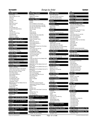 Title
Jennifer Lopez
Ain't It Funny
Amor Se Paga Con Amor
Cherry Pie
Do It Well
Feelin' So Good
Get Right
Hold It Don't Drop It
Hold You Down
I’m Glad
If You Had My Love
I'm Gonna Be Alright (Remix)
Im Real
Lets Get Loud
Love Don't Cost A Thing
Una Noche Mas
Waiting For Tonight
Waiting For Tonight(2)
Jennifer Lopez & Jay Z
I'm Real
Jennifer Lopez & LL Cool J
All I Have
Jennifer Paige
Beautiful
Jennifer Pena
El Dolor De Tu Presencia
Entre El Delirio Y La Locura
Jennifer Rush
Power Of Love
Jennifer, Y, Los Jetz
Contigo Otra Vez
Jennings
Good Ol Boys Theme From The D
Jennings & Carter
I Got You
Jennings & Nelson
Always On My Mind
Angel Flying Too Close To The Ground
Are You Sure Hank Done It This Way
Blue Eyes Crying In The Rain
City Of New Orleans
Good Hearted Woman, A
Good Ol' Boys
I'm A Ramblin' Man
I've Always Been Crazy
Lovin' Her Was Easier
Luckenbach, Texas
Mammas Don't Let Your Babies Grow Up
To Be Cowboys
On The Road Again
Whiskey River
Wurlitzer Prize, The
Jennings Waylo
Wurlitzer Prize The
Jennings, Lyfe
Must Be Nice
S.E.X.
Jennings, Lyfe & Lala Brown
S.E.X.
Jennings, Lyfe & Lala Brown
Wvocal
S.E.X.
Jennings, Lyfe Wvocal
S.E.X.
Jennings, Nelson, Cash &
Kristofferson
Highwayman
Screamin Songs by Artist Demon
Jennings, Shooter
Title
Jennings, Shooter
4Th Of July
Steady At The Wheel
Walk Of Life
Jennings, Waylon
Amanda
America
Are You Ready For The Country
Are You Sure Hank Done It This Way
Are Your Sure Hank Done It This Way
Bob Wills Is Still The King
Can't You See
Clyde
Come With Me
Cowboy Movies
Don't You Think This Outlaw Bit's..
Drinkin' And Dreamin
Drinkin' And Dreamin'
Dukes Of Hazzard Theme
Eagle, The
Good Hearted Woman
Good Hearted Woman, A
Good Ol' Boys
Good Ol' Boys (Theme From The Dukes
Of Hazzard)
I Ain't Living Long Like This
I'm A Ramblin' Man
I've Always Been Crazy
Lonesome Orn'ry And Mean
Lovin' Her Was Easier
Luchenbach, Texas
Lucille
Lucille (You Won't Do Your Daddy's Will)
Luckenbach Texas
Luckenbach, Texas
Luckenback, Texas
Mama Don't Let Your Babies Grow Up To
Be Cowboys
Mama, Don't Let Your Babies Grow Up To
Be Cowboys
Mamas Don't Let Your Babies Grow Up To
Be Cowboys
Never Could Toe The Mark
Okie From Muskogee
Only Daddy That'll Walk The Line
Rainy Day Woman
Ramblin' Man
Rose In Paradise
Shine
The Eagle
Theme From Dukes Of Hazzard
Theme From The Dukes Of Hazzard
(Good Ol' Boys)
Wrong
Wurlitzer Prize
Wurlitzer Prize (I Don't Want To Get Over
You)
Wurlitzer Prize, The
You Ask Me To
You Can Have Her
Jennings, Waylon & Willie
Nelson
Mamas Don't Let Your Babies Grow Up To
Be Cowboys
JENNINGS,LYLE
MUST BE NICE
JENNINGS,SHOOTER
4TH OF JULY
Jenny Morris
She Has T Obe Loved
Jensen, Gordon
I'll Break The Law Of Gravity
Title
Jensen, Gordon
Joy In The Journey
Like Spoken Words Could Never
When The Carpenter Came
You Know That You Know It
Jentina
Bad Ass Strippa
Jeremiah
A Christmas Greeting
Baby It Hurts
Bakit Ka Iiyak.
Jeremih
Birthday Sex
Imma Star (Everywhere We Are)
Jeremih Wvocal
Birthday Sex
Jerry Keller
Here Comes Summer
JERRY LEE LEWIS
Chantilly Lace
GREAT BALLS OF FIRE
ONCE MORE WITH FEELING
She Even Woke Me Up To Say Goodbye
What Made Milwaukee Famous
Would You Take Another Chance On Me
Jerry McGuire
Secret Garden
Jerry Reed
She Got The Goldmine I Got The Shaft
When You're Hot, You're Hot
Jerry, Mungo
In The Summertime
Jesse Lee
It's A Girl Thing
Jesse McCartney
Beautiful Soul
Because You Live
Right Where You Want Me
Shes No You
She's No You
Jessi Alexander
Canyon Prayer
Honeysuckle Sweet
Jessica Andrews
Everything
Good Time
Jessica King
Come Spring
Jessica Riddle
Even Angels Fall
Jessica Simpson
A Little Bit
A Public Affair
Angels
I Belong To Me
I Think I'm In Love With You
Public Affair, A
Take My Breath Away
Take My Breathe Away
WITH YOU
Jessica Simpson & Nick
Lachey
Where You Are (Radio Version)
Jessica Simpson Wvocals
I Belong To Me
Jessie's Girl
Springfield, Rick
Title
Jesters
So Strange
Jesters, The
On Broadway
Jesters, The W-Vocals
On Broadway
Jesus Christ Superstar
Could We Start Again Please
Damned For All TimeBlood Money
Everything's Alright
Gethsemane
Gethsemane (I Only Want To Say)
Heaven On Their Minds
Hosanna
I Don't Know How To Love Him
Jesus Christ Superstar
John 1941 (Instrumental)
King Herod's Song
King Herod's Song (Try It And See)
Last Supper
Last Supper, The
Pilate's Dream
Simon Zealotes
Superstar
Superstar Overture (Instrumental)
What's The BuzzStrange Thing Mystifying
Jesus Jones
Real, Real, Real
Right Here Right Now
Jesus, Mario De
Y
Jet
Are You Gonna Be My Girl
Cold Hard B
Cold Hard Bitch
Get Me Outta Here
Look At What You've Done
Look What You’Ve Done
Look What Youæve Done
Look What You've Done
Sgt. Major
Jethro Tull
Aqualung
Bungle In The Jungle
Cross Eyed Mary
Living In The Past
Locomotive Breath
Teacher
Jets, The
Crush On You
Make It Real
Rocket 2 U
You Got It All
Jett, Joan
Bad Reputation
Cherry Bomb
Dirty Deeds
Fake Friends
I Hate Myself For Loving You
I Love Rock & Roll
I Love Rock And Roll
I Love Rock N Roll
I Love Rock 'N' Roll
I Love Rock'N'Roll
Light Of Day
Jett, Joan & Blackhearts, The
I Love Rock 'n Roll
Jett, Joan & Blackhearts, The
I Love Rock 'n Roll
ofPrinted 5/6/2015 Page 127 Licensed to Marcello Adamo286Song List Generator®
 