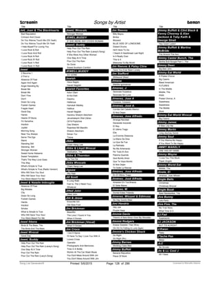 Title
Jett, Joan & The Blackhearts
Bad Reputation
Crimson And Clover
Do You Wanna Touch Me (Oh Yeah)
Do You Wanna Touch Me Oh Yeah
I Hate Myself For Loving You
I Love Rock & Roll
I Love Rock And Roll
I Love Rock N Roll
I Love Rock N' Roll
I Love Rock 'n Roll
I Love Rock 'n' Roll
Jewel
2 Become 1
2 Find U
Absence Of Fear
Again And Again
Angel Standing By
Break Me
Break Me
Doin' Fine
Don't
Down So Long
Foolish Games
Fragile Heart
Good Day
Hands
Hearts Of Stone
I'm Sensitive
Intuition
Jupiter
Morning Song
Near You Always
Serve The Ego
Stand
Standing Still
Standing Still
Stronger Woman
Sweet Home Alabama
Sweet Temptation
That's The Way Love Goes
This Way
What's Simple Is True
What's Simple Is True (Radio Version)
Who Will Give You Soul
Who Will Save Your Soul
You Were Meant For Me
Jewel & Natalie Imbruglia
Absence Of Fear
Big Mistake
City
Down So Long
Foolish Games
Hands
Intuition
Smoke
What Is Simple Is True
Who Will Save Your Soul
You Were Meant For Me
Jewel Akens
Birds & The Bees, The
The Birds And The Bees
Jewel Wvocal
Good Day
Jewel, Buddy
Help Pour Out The Rain
Help Pour Out The Rain (Lacey's Song)
One Step At A Time
Pour Out The Rain
Pour Out The Rain (Lacy's Song)
Screamin Songs by Artist Demon
Title
Jewel, Wvocals
Stronger Woman
JEWEL,BUDDY
IF SHE WERE ANY OTHER WOMAN
Jewell, Buddy
Help Pour Out The Rain
Help Pour Out The Rain (Lacey's Song)
If She Were Any Other Woman
One Step At A Time
Pour Out The Rain
So Gone
Sweet Southern Comfort
JEWELL,BUDDY
SO GONE
Jewish
Hava Nagila
Havah Nagilah
Jewish Favorites
Adon Olam
Al Kol Eleh
Dayenu
Halleluya
Hanukah Medley
Hatikva
Havah Nagilah
Haveinu Shalom Aleichem
Jerushalayim Shel Zahav
Oif N Pripitchok
Ose Shalom
Rojenkes Mit Mandlin
Shalom Aleichem
Siman Tov
Tzena
Jibbs
Chain Hang Low
Jibbs & Lloyd Wvocal
Dedication, The
Jibbs & Thornton
Go Too Far
Jibbs Wvocals
Chain Hang Low
Jigsaw
Sky High
Jill Scott
A Long Walk
Fact Is, The (I Need You)
Whatever
Jilted John
Jilted John
Jim & Jesse
Knoxville Girl
Old Slew Foot
Jim Brickman
Beautiful
The Love I Found In You
When It Snows
Jim Brickman (Vocal)
When It Snows
Jim Croce
I Got A Name
I'll Have To Say I Love You With A
Lovers Cross
Operator
Photographs And Memories
Time In A Bottle
Workin At The Car Wash Blues
You Dont Mess Around With Jim
You Don't Mess Around With Jim
Title
Jim Reeves
Billy Bayou
Bimbo
Blizzard
BLUE SIDE OF LONESOME
Distant Drums
He'll Have To Go
I Heard A Heartbreak Last Night
Is It Really Over
This Is It
Welcome To My World
Jim Reeves & Patsy Cline
Have You Ever Been Lonely
Jim Stafford
Wildwood Weed
Jimena
Maldita Ignorancia
Jimenez, J.
Serenata Huasteca
Serenata Sin Luna
Jimenez, Jose A
Corazon, Corazon
Jiménez, José A.
Corrido Del Caballo Blanco
Si Nos Dejan
Jimenez, Jose Alfredo
Amarga Navidad
Declarate Inocente
El Rey
El Ultimo Trago
Ella
La Enorme Distancia
La Mano De Dios
La Que Se Fue
La Retirada
No Me Amenaces
Pa’ Todo El Ano
Paloma Querida
Que Bonito Amor
Que Te Vaya Bonito
Si Nos Dejan
Te Solte La Rienda
Jiménez, Jose Alfredo
En El Último Trago
Jiménez, José Alfredo
Amanecí En Tus Brazos
El Siete Mares
Jimenez, M.
Donde Estas Yolanda
Jimenez, Missael & Edimusa
No Hay Quinto Malo
Jimi Hendrix
Hey Joe
Purple Haze
Jimmie Davis
There's A New Moon Over My Shoulder
Jimmie Rodgers
Kisses Sweeter Than Wine
Oh Oh I'm Falling In Love Again
Jimmie's Chicken Shack
Do Right
Do Right (Rv)
Jimmy Barnes
Working Class Man
Jimmy Buffett
Banana Republics
Piece Of Work
Title
Jimmy Buffett & Clint Black &
Kenny Chesney & Alan
Jackson & Toby Keith &
George Strait
Hey Good Lookin'
Jimmy Buffett & Martina
McBride
Trip Around The Sun
Jimmy Castor Bunch, The
Bertha Butt Boogie Part 1, The
Jimmy Dean
Big Bad John
Jimmy Eat World
A Praise Chorus
Big Casino
Bleed American
FUTURES
In The Middle
Middle, The
PAIN
Praise Chorus, A
Sweetness
Sweetness
The Middle
Work
Jimmy Eat World Wvocal
Big Casino
Jimmy James
A Man Like Me
Jimmy Martin
Long Journey Home
Jimmy Soul
If You Wanna Be Happy
If You Want To Be Happy
JIMMY WAKELY
ONE HAS MY NAME
Jimmy Wayne
I Love You This Much
Paper Angels
Jimmy World Eat
Middle, The
Jinete, El
Jimenez, Jose Alfredo
Jingle Bells
Christmas
Christmas Wvocal
Jingle Book
Bare Necessities, The
Jive Bunny
Lets Party
Jive Five, The
My True Story
What Time Is It
JJ Fad
Supersonic
JJ JACKSON
BUT ITS ALRIGHT
J-Kwon
Tipsy
J'lache Pas
Marjo
JLC
No Scrubs
Jlo & LL Cool J
All I Have
ofPrinted 5/6/2015 Page 128 Licensed to Marcello Adamo286Song List Generator®
 