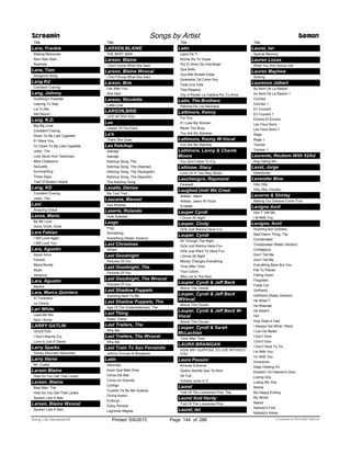 Title
Lane, Frankie
Making Memories
Rain Rain Rain
Rawhide
Lane, Tom
Doughnut Song
Lang Kd
Constant Craving
Lang, Johnny
Anything's Possible
Leaving To Stay
Lie To Me
Still Rainin'
Lang, K.D.
Big Big Love
Constant Craving
Down To My Last Cigarette
If I Were You
I'm Down To My Last Cigarette
Joker, The
Lock Stock And Teardrops
Miss Chatelaine
Sexuality
Summerfling
Three Days
Trail Of Broken Hearts
Lang, KD
Constant Craving
Joker, The
Lani
Amazing Grace
Lanza, Mario
Be My Love
Drink, Drink, Drink
Lara Fabian
I Will Love Again
I Will Love You
Lara, Agustin
Aquel Amor
Farolito
Maria Bonita
Mujer
Veracruz
Lara, Agustín
Madrid
Lara, Marco Quintero
El Tucanazo
La Chona
Lari White
Lead Me Not
Now I Know
LARRY GATLIN
HOUSTON
I Don't Wanna Cry
Love Is Just A Game
Larry Sparks
Smoky Mountain Memories
Larry Verne
Mr. Custer
Larsen Blaine
How Do You Get That Lonely
Larsen, Blaine
Best Man, The
How Do You Get That Lonely
Spoken Like A Man
Larsen, Blaine Wvocal
Spoken Like A Man
Screamin Songs by Artist Demon
Title
LARSEN,BLAINE
THE BEST MAN
Larson, Blaine
I Don't Know What She Said
Larson, Blaine Wvocal
I Don't Know What She Said
Larson, Brie
Life After You
She Said
Larson, Nicolette
Lotta Love
LARSON,BRIE
LIFE AFTER YOU
Las
Leader Of The Pack
La's
There She Goes
Las Ketchup
Asereje
Aserejé
Ketchup Song, The
Ketchup Song, The (Asereje)
Ketchup Song, The (Spanglish)
Ketchup Song, The (Spanish)
The Ketchup Song
Lasalle, Denise
My Toot Toot
Lascana, Manuel
Dos Amores
Laserie, Rolando
Hola Soledad
Lasgo
Pray
Something
Something (Radio Version)
Last Christmas
Wham
Last Goodnight
Pictures Of You
Last Goodnight, The
Pictures Of You
Last Goodnight, The Wvocal
Pictures Of You
Last Shadow Puppets
Standing Next To Me
Last Shadow Puppets, The
Age Of The Understatement, The
Last Thing
Anaid, Diana
Last Trailers, The
Why Me
Last Trailers, The Wvocal
Why Me
Last Train To San Fernando
Johnny Duncan & Bluegrass
Latin
Alborada
Amor Que Malo Eres
Cerca Del Mar
Como Un Duende
Contigo
Cuando Ya No Me Quieras
Divina Ilusion
Embrujo
Estoy Perdido
Lagrimas Negras
Title
Latin
Lejos De Ti
Noche No Te Vayas
Por El Amor De Una Mojer
Que Bello
Que Mal Amada Estas
Quiereme Tal Como Soy
Toda Una Vida
Tres Regalos
Voy A Perder La Cabeza Por Tu Amor
Latin, The Brothers
Patrona De Los Reclusos
Lattimore, Kenny
For You
If I Lose My Woman
Never Too Busy
You Are My Starship
Lattimore, Kenny W-Vocal
You Are My Starship
Lattimore, Lenny & Chante
Moore
You Don't Have To Cry
Lattisaw, Stacy
Love On A Two Way Street
Lauchengco, Raymond
Farewell
Laughed Until We Cried
Aldean, Jason
Aldean, Jason W Vocal
G16566
Lauper Cyndi
I Drove All Night
Lauper, Cindy
Girls Just Wanna Have Fun
Lauper, Cyndi
All Through The Night
Girls Just Wanna Have Fun
Girls Just Want To Have Fun
I Drove All Night
Money Changes Everything
Time After Time
True Colors
Who Let In The Rain
Lauper, Cyndi & Jeff Beck
Above The Clouds
Lauper, Cyndi & Jeff Beck
WVocal
Above The Clouds
Lauper, Cyndi & Jeff Beck W-
Vocal
Above The Clouds
Lauper, Cyndi & Sarah
McLachlan
Time After Time
LAURA BRANIGAN
HOW AM I SUPPOSE TO LIVE WITHOUT
YOU
Laura Pausini
Amores Extranos
Quiero Decirte Que Te Amo
Se Fue
Volvere Junto A Ti
Laurel
Trail Of The Lonesome Pine, The
Laurel And Hardy
Trail Of The Lonesome Pine
Laurel, Iwi
Title
Laurel, Iwi
Special Memory
Lauren Lucas
What You Aint Gonna Get
Lauren Mayhew
Sinking
Laurence Jalbert
Au Nom De La Raison
Au Nom De La Raison.1
Corridor
Corridor.1
En Courant
En Courant.1
Encore Et Encore
Les Yeux Noirs
Les Yeux Noirs.1
Rage
Rage.1
Tomber
Tomber.1
Laurente, Reubem With 92Ad
Ang Galing Mo
Lavat, Jorge
Desiderata
Lavender Blue
Dilly Dilly
Dilly Dilly (Vocals)
Laverne & Shirley
Making Our Dreams Come True
Lavigne Avril
Don T Tell Me
I M With You
Lavigne, Avril
Anything But Ordinary
Best Damn Thing, The
Complicated
Complicated (Radio Version)
Contagious
Don’t Tell Me
Don't Tell Me
Everything Back But You
Fall To Pieces
Falling Down
Forgotten
Freak Out
Girlfriend
Girlfriend (Radio Version)
He Wasn’T
He Wasnæt
He Wasn't
Hot
How Does It Feel
I Always Get What I Want
I Can Do Better
I Don’t Give
I Don't Give
I Don't Have To Try
I’m With You
I'm With You
Innocence
Keep Holding On
Knockin' On Heaven's Door
Losing Grip
Losing My Grip
Mobile
My Happy Ending
My World
Naked
Nobody's Fool
Nobody's Home
ofPrinted 5/6/2015 Page 144 Licensed to Marcello Adamo286Song List Generator®
 