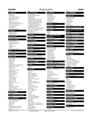 Title
Led Zeppelin
Ramble On
Rock And Roll
Since I've Been Loving You
Song Remains The Same
Stairway To Heaven
Thank You
Traveling Riverside Blues
What Is And What Should Never Be
When The Levee Breaks
Whole Lotta Love
You Shook Me
Your Time Is Gonna Come
Led Zepplin
Misty Mountain Hop
Stairway To Heaven
Whole Lotta Love
Ledesma, Kuh
If Could Reach You
Ledesma, Roberto
Camino Del Puente
Con Mi Corazon Te Espero
Donde Estas Corazon
El Arbol
La Gloria Eres Tu
La Pared
Se Me Olvido Tu Nombre
Ledisi
In The Morning
Ledisi Wvocal
In The Morning
Ledoux, Chris
Airborne Cowboy
Bareback Jack
Cadillac Ranch
County Fair
Cowboy Up
Dallas Days And Fort Worth Nights
Everytime I Roll The Dice
Five Dollar Fine
For Your Love
Get Back On That Pony
Gravitational Pull
He Rides Wild Horses
Honky Tonk World
Horsepower
I Believe In America
Life Is A Highway
Look At Your Girl
Riding For A Fall
Silence On The Line
Slow Down
Stampede
Tougher Than The Rest
Under This Old Hat
Whatcha Gonna Do With A Cowboy
Wild And Wooly
LEDOUX,CHRIS
THE RIDE
Lee Andrews & The Hearts
Teardrops
Lee Ann Womack
(Now You See Me) Now You Don't
A Little Past Little Rock
AFTER I FALL
Ashes By Now
Buckaroo
Does My Ring Burn Your Finger
Finding My Way Back Home
Fool, The
Screamin Songs by Artist Demon
Title
Lee Ann Womack
Forever Everyday
He Oughtta No That By Now
HEALING KIND
I Hope You Dance
I KNOW WHY THE RIVER RUNS
I May Hate Myself In The Morning
ILL THINK OF A REASON LATER
I'll Think Of A Reason Later
Something Worth Leaving Behind
STRONGER THAN I AM
Twenty Years And Two Husbands Ago
What Are You Doing New Year's Eve
Why They Call It Falling
Wrong Girl, The
You've Got To Talk To Me
Lee Brenda
Fool Number One
Lee Brice
Happy Endings
Lee Greenwood
God Bless The Usa
Somebody's Gonna Love You
Lee Johnny
One In A Million
Lee Lewis
Attack Of The Killer Tomatoes
Lee Mead
Any Dream Will Do
Lee Roy Parnell
Take These Chains From My Heart
What Kind Of Fool Do You Think I Am
Lee, Amos
Shout Out Loud
Lee, Amos Wvocals
Shout Out Loud
Lee, Ann
Two Times
Voices
Lee, Brenda
All Alone Am I
As Usual
Big Four Poster Bed
Break It To Me Gently
Brenda Lee Medley, The
Broken Trust
Cowgirl And The Daddy, The
Emotions
End Of The World, The
Everybody Loves Me But You
Fool #1
Fool Number One
Here Comes That Feeling
He's My Rock
I Want To Be Wanted
If You Love Me
I'm Sorry
Is It True
Johnny One Time
Let's Dump The Broomstick
Let's Jump The Broomstick
Nobody Wins
Papa Noel
Rock On Baby
Rockin' Around The Christmas Tree
Rocking Around The Christmas Tree
Rose Garden
Speak To Me Pretty
Sweet Nothings
Title
Lee, Brenda
Sweet Nothins
Sweet Nothin's
Tell Me What It's Like
Too Many Rivers
Who's Sorry Now
Wrong Ideas
You Can Depend On Me
Lee, Coco
Do You Want My Love
Lee, Curtis
Pretty Little Angel Eyes
Lee, Dickey
Laurie
Patches
Rocky
Lee, Ethel & David Hill &
Buddy Kaye
Speedy Gonzalez
Lee, Gary & Showdown
Rodeo Song
Lee, Jesse
It's A Girl Thing
Lee, Johnny
Be There For Me Baby
Bet Your Heart On Me
Cherokee Fiddle
Hey Bartender
Lookin' For Love
Looking For Love
One In A Million
Pickin' Up Strangers
Prisoner Of Hope
Sounds Like Love
Lee, Lewis
Attack Of The Killer Tomatoes
Lee, Murphy & Jermaine Dupri
Wat Da Hook Gon Be
Lee, Peggy
Come Rain Or Come Shine
Fever
I'm A Woman
Is That All There Is
I've Got You Under My Skin
Johnny Guitar
Manana
My Heart Belongs To Daddy
Why Don't You Do Right
Lee, Ricki
Can't Sing A Different Song
Love Is All Around
Lee, Ricki Wvocal
Love Is All Around
Lee, Robin
Black Velvet
Lee, Stagga
Roll Wit M.V.P.
Lee, Tommy
Hold Me Down
Lee, Woody
I Like The Sound Of That
LEE,DICKEY
Everybodys Talking
Left Banke, The
Walk Away Renee
Lefty Frizzel
Faded Love
Title
LEFTY FRIZZELL
I WANT TO BE WITH YOU ALWAYS
Legend, John
Each Day Gets Better
Everybody Knows
Green Light
Ordinary People
Save Room
So High
Used To Love U
Legend, John & Andre 3000
Green Light
Legend, John & Andre 3000
Wvocal
Green Light
Legend, John & Estelle
No Other Love
Legend, John & Estelle Wvocal
No Other Love
Legend, John Vocal
Green Light
Legend, John Wvocal
Everybody Knows
LEGEND,JOHN
SO HIGH
Lehrer, Tom
Masochism Tango, The
Poisoning Pigeons In The Park
Leigh, Danni
29 Nights
Honey I Do
House Of Pain
I Don't Feel That Way
I Don't Feel That Way Anymore
If The Jukebox Took Teardrops
Last Train To San Antone
Longnecks & Cigarettes
Sometimes
Leigh, Denni
House Of Pain
Lekakis, Paul
Boom Boom Let's Go Back To My Room
Lema
Someone Should Tell You
Lemar
50 50
505000
Another Day
Dance With U
If She Knew
If Theres Any Justice
If There's Any Justice
It's Not That Easy
No Pressure
LEMON PIPERS
GREEN TAMBORINE
Green Tambourine
Lemon Pipers T
Green Tambourine
Lemon Pipers, The
Green Tambourine
Lemonheads
If I Could Talk I'd Tell You
Into Your Arms
Len
Steal My Sunshine
ofPrinted 5/6/2015 Page 146 Licensed to Marcello Adamo286Song List Generator®
 