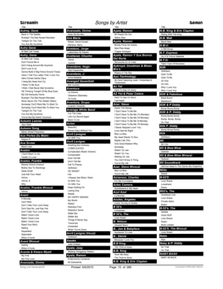 Title
Autrey, Gene
Back In The Saddle
Rudolph The Red Nosed Reindeer
Twilight On The Trail
You Are My Sunshine
Autry Gene
At Mail Call Today
Autry, Gene
At Mail Call Today
Don't Fence Me In
Don't Hang Around Me Anymore
Don't Live A Lie
Gonna Build A Big Fence Around Texas
Have I Told You Lately That I Love You
Here Comes Santa Claus
I Hang My Head And Cry
I Want To Be Sure
I Wish I Had Never Met Sunshine
I'M Thinking Tonight Of My Blue Eyes
My Old Kentucky Home
Rudolph The Red Nosed Reindeer
Silver Spurs (On The Golden Stairs)
Someday You'll Want Me To Want Yo
Someday You'll Want Me To Want You
Twilight On The Trail
You Are My Sunshine
You're Not My Darlin' Anymore
Autumn Leaves
Jazz Style
Autumn Song
Manic Street Preachers
Aux Portes Du Matin
Seguin R
Ava Screw
Black Lace
Avalon
I Don't Want To Go
Testify To Love
Avalon, Frankie
Beauty School Dropout
Bobby Sox To Stockings
Dede Dinah
Just Ask Your Heart
Venus
Venus, A
Why
Avalon, Frankie Wvocal
Venus
Avant
4 Minutes
Can't Wait
Don’t Take Your Love Away
Don't Say No, Just Say Yes
Don't Take Your Love Away
Makin' Good Love
Makin' Good Love
Makin’ Good Love
Read Your Mind
Sailing
Separated
Seperated
When It Hurts
Avant Wvocal
Sailing
When It Hurts
Avante & Ketara Wyatt
My First
My First Love
Screamin Songs by Artist Demon
Avanzado, Divine
Title
Avanzado, Divine
Iiwan Na Ba Ako
Ave Maria
Bisbal, David-Vocals
Manilow, Barry
Avedano, Jorge
Laberintos De Pasion
Avellanet, Chucho
Gema
Jurame
Avendano, Hugo
Ojos Espanoles
Avendano, J.
Aima Rebelde
Avenged Sevenfold
Bat Country
Aventura
La Guerra
Obsesion (Bachata)
Te Invito
Aventura, Grupo
Cuando Volveras
Average White Band
Cut The Cake
Let's Go Round Again
Work To Do
Avion
Beautiful
Seven Days Without You
Avril Lavagne
I'm With You
Avril Lavigne
Anything But Ordinary
COMPLICATED
Complicated (Radio Version)
Complicated
Dont Tell Me
Don't Tell Me
Fall To Pieces
Girlfriend
HE WASNT
Hot
I Always Get What I Want
Im With You
I'm With You
Keep Holding On
Losing Grip
Mobile
MY HAPPY ENDING
My World
Naked
Nobodys Fool
Nobody's Home
Sk8er Boi
Sk8ter Boi
Things Ill Never Say
Tomorrow
Unwanted
When You're Gone
Avril Lavigne (Vocal)
Girlfriend
Awake
Josh Groban
Ayala, Joey
Walang Hanggang Paalam
Ayala, Ramon
Entierrenme Cantando
Mi Golondrina
Title
Ayala, Ramon
Mi Piquito De Oro
Señor Dios
Ayala, Ramón
Bonita Finca De Adobe
Seis Pies Abajo
Tragos Amargos
Ayala, Ramon Y Sus Bravos
Del Norte
Rinconcito En El Cielo
Aykroyd, Goodman & Blues
Bro's
Riders In The Sky
Ayo Technology
50 Cent Featuring Justin Timberlake &
Timberland
Az Yet
Hard To Say I'm Sorry
AZ Yet & Peter Cetera
Hard To Say I'm Sorry
Last Night
Azar, Steve
Damn The Money
I Don't Have To Be Me
I Don't Have To Be Me (Til Monday)
I Don't Have To Be Me ('til Monday)
I Don't Have To Be Me 'til Monday
I Don't Have To Be Me Till Monday
I Never Stopped Lovin' You
Love Had No Right
Moo La Moo
My Heart Wants To Run
Nights Like This
One Good Reason Why
Someday
Waitin' On Joe
Waitin' On You
Waiting On Joe
You Don't Know A Thing
You're My Life
Azar, Steve Wvocal
Moo La Moo
You're My Life
Aznavour, Charles
For Me Formidable
Aztec Camera
Somewhere In My Heart
Azul Azul
La Bomba
Azules, Angeles
Como Te Voy A Olvidar
B 52's
Loveshack
B 52's, The
Love Shack
B. Nelson
Hanalei Moon
B., Jon & Babyface
Someone To Love
B., Stevie
Because I Love You
B.B King
The Thrill Is Gone
B.B. King
Rock Me Baby
The Thrill Is Gone
B.B. King & Eric Clapton
Title
B.B. King & Eric Clapton
Riding With The King
B.B. Mak
Back Here
B.M.U.
U Will Know
B.T. Express
Do It 'til You're Satisfied
B.T.O.
Takin' Care Of Business
B2K
Girlfriend
Gots Ta Be
Gots Ta Be
Uh Huh
Uh Huh
Why I Love You
Why I Love You
B2K & Fabolous
Bada Boom
Badaboom
B2K & P Diddy
Bump Bump Bump
B2K & P. Diddy
Bump Bump Bump
Bump, Bump, Bump
Do That
B2k P. Diddy
Bump Bump Bump
B2k
Girlfriend
B5
All I Do
B5 & Bow Wow
Hydrolic
B5 & Bow Wow Wvocal
Hydrolic
B5 Soundtrack
Get'cha Head In The Game (No Graphics)
B52s
Shack
B-52'S
Love Shack
Loveshack
Roam
B52's, The
Deadbeat Club
Love Shack
Private Idaho
Roam
B-52's, The
Debbie
Good Stuff
Love Shack
Roam
Rock Lobster
B-52'S, The Wvocal
Love Shack
Babe
Styx
Baby & P. Diddy
Do That
Do That...
BABY BASH
BABY IM BACK
ofPrinted 5/6/2015 Page 15 Licensed to Marcello Adamo286Song List Generator®
 