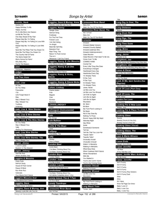 Title
Locklin, Hank
Geisha Girl
Happy Birthday To Me
Happy Journey
It's A Little More Like Heaven
Let Me Be The One
One Step Ahead Of My Past
Please Help Me, I'm Falling
Please Help Me, I'm Falling (In Love With
You)
Please Help Me, I'm Falling In Love With
You
Send Me The Pillow That You Dream On
Send Me The Pillow You Dream On
The Country Hall Of Fame
The Same Sweet Girl
We're Gonna Go Fishin'
Why Baby Why
You're The Reason
Loco
Fernandez, Alejandro
Lodger
I’m Leaving
Loe Tres Ases
Delrio
Loeb, Lisa
All Day
Do You Sleep
Firecracker
I Do
Let's Forget About It
Stay
Stay (I Missed You)
Stay I Missed You
Truthfully
Underdog
Loeb, Lisa & Nine Stories
Stay (I Missed You)
Loeb, Lisa & Nine Stories
Stay (I Missed You)
Loeb, Lisa & The Nine Stories
Do You Sleep
Stay (I Missed You)
Taffy
Waiting For Wednesday
Loeb, Lisa Nine Stories
Do You Sleep
Loeb, Lisa Nine Stories, The
Stay (I Missed You)
Logan, Jimmy
I Love A Lassie
Roamin' In The Gloamin'
Logan, Johnny
Hold Me Now
What's Another Year
Loggins & Messina
Angry Eyes
Danny's Song
House At Pooh Corner
Peace Of Mind
Run River Run
Vahevala
Your Mama Don't Dance
Loggins Messina And
Your Mama Don't Dance
Loggins, Dave
Please Come To Boston
Loggins, Dave & Murray, Ann
Nobody Loves Me Like You Do
Screamin Songs by Artist Demon
Title
Loggins, Dave & Murray, Anne
Nobody Loves Me Like You Do
Loggins, Kenny
Danger Zone
Danny's Song
Footloose
For The First Time
Forever Love
I Am Not Hiding
I'm Alright
Meet Me Half Way
Nobody's Fool
Real Thing, The
Return To Pooh Corner
This Is It
Whenever I Call You Friend
Loggins, Kenny & Jim Messina
Your Mama Don't Dance
Loggins, Kenny & Jo Dee
Messina
Your Mama Don't Dance
Loggins, Kenny & Nicks,
Stevie
Whenever I Call You Friend
Loggins, Kenny & Stevie Nicks
Whenever I Call You Friend
Lohan, Lindsay
Drama Queen
First
Magnet
Over
Rumors
Rumours
LOHAN,LINDSAY
FIRST
Lohneguin (Instrumental)
Wedding March
Lola
No Strings
Lola Beltran
Paloma Negra
Lolita & The Boys
Usok
Lollipop
Chordettes, The
Lolly
Mickey
Viva La Radio
London Beat
Come Back
I Ve Been Thinking About You
I've Been Thinking About You
London Boys
London Nights
London, Julie
Cry Me A River
London, Laurie
He's Got The Whole World
Londonbeat
I've Been Thinking About You
IVE BEEN THINKING BOUT YOU
Lonely Island, The & T Pain
I'm On A Boat
Lonely Teardrops
Wilson, Jackie
Lonesome River Band
Am I A Fool
Title
Lonesome River Band
Mary Ann
Sittin' On Top Of The World
Lonesome River Band, The
Am I A Fool
Mary Ann
Sittin' On Top Of The World
Lonestar
Amazed
Amazed (Ballad Version)
Amazed (Country Ballad)
Amazed (Uptempo Mix)
Amazed (Uptempoversion)
Class Reunion
Class Reunion (That Used To Be Us)
Come Cryin' To Me
COMING HOME
County Fair
Every Little Thing She Does
Everything's Changed
Heartbreak Every Day
Heartbroke Every Day
I’m Already There
I'll Die Tryin
I'll Die Tryin'
Im Already There
I'm Already There
Jones, Norah
Let Me Love You
Let Me Love You Wvocal
Let S Be Us Again
Let’s Be Us Again
Let's Be Us Again
Mountains
Mr. Mom
Mr.Mom
My Front Porch Looking In
No News
Not A Day Goes By
Nothing To Prove
Runnin' Away With My Heart
Saturday Night
Say When
Smile
Somebody's Someone
Tell Her
Tell Her That You Love Her
Tequila Talkin'
Tequilla Talkin'
Unusually Unusal
Unusually Unusual
Walkin' In Memphis
Walking In Memphis
What About Now
When Cowboys Didn't Dance
Winter Wonderland
With Me
You Walked In
You're Like Comin' Home
You're Like Coming Home
Lonestar (Vocal)
Nothing To Prove
Lonestar Wvocal
Let Me Love You
Mountains
Lonestar
My Front Porch Looking In
Walking In Memphis
Long Black Train
Turner, Josh
Title
Long Day Is Over, The
Jones, Norah
Long Distance
Brandy
Long Drum Roll
KJTOOLZ
Long Pigs, The
On & On
Long Time Gone
Dixie Chicks
Long, Brice
Anywhere But Here
Long, Janna
Greater Is He
Longthom, Joe
When You're Old Wedding Ring Was New
Longthorn, Joe
When Your Old Wedding Ring Was New
Lonzo & Oscar
I Am My Own Grandpa
Look
I Am The Beat
Look At Me, Iæm Sandra Dee
(Reprise)
Newton-John, Olivia
Look Of Love (Part One)
Abc
Look Of Love, The
Krall, Diana
Lookin For Love
Neil Young
Looking For A New Love
Watley, Jody
Looking For A Place To Cross
Wilburns
Looking Glass
Brandy
Brandy (You're A Fine Girl)
Brandy You're A Fine Girl
Looking Glass (Vocal)
Brandy
Looking Glass, The
Brandy
Loon & Mario Winans
Down For Me
Loose Ends
Hangin' On A String
Lopez Jennifer
I M Real
If You Had My Love
Lopez, Jenifer Marc Anthony
No Me Ames
Lopez, Jennifer
Ain't I Funny
Aint It Funny
Aint' It Funny
Ain't It Funny
Ain't It Funny (Pop Version)
Ain't It Funny Duet
Alive
Alive
All I Have
Amor Se Paga Con Amor
Baby I Love U!
Baby I Love You
Baby, I Love You
ofPrinted 5/6/2015 Page 152 Licensed to Marcello Adamo286Song List Generator®
 