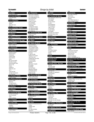 Title
Los Lobos
We Belong Together
Los Locos Del Ritmo
Chica Alborotada
Polvora
Los Lonely Boys
Diamonds
Heaven
More Than Love
My Way
Los Lonely Boys Vocals
My Way
Los Modulos
Todo Tiene Su Fin
Los Nemus
Brujeria
Los Nemus W-Vocal
Brujeria
Los Originales De San Juan
Tus Caderas Te Traicionan
Los Paladines
Mitad Tu, Mitad Yo
Sabes Una Cosa
Los Palominos
Mi Obsesion
Los Panchos
Amorcito Corazon
Besame Mucho
Caminemos
Camino Verde
Esta Cobardia
Gema
Me Voy Pa'l Pueblo
Mi Ultimo Fracaso
No Me Quieras Tanto
No No Y No
Perdon
Poquita Fe
Rayito De Luna
Sin Ti
Toda Una Vida
Un Siglo De Ausencia
Una Copa Mas
Los Pasteles Verdes
Angelitos Negros
Los Rieleros Del Norte
Aquí En Cortito
Mentirosa
Te Quiero Mucho
Una Mujer Como Tú
Los Rufinos
Luna De Miel En Puerto Rico
Los Sinners
Tus Ojos
Los Socios Del Ritmo
A Punto De Caramelo
Amor De Internet
Llorar
Vamos A Platicar
Los Tecolines
Chamaca
Los Teen Tops
El Rock De La Carcel
Popotitos
Presumida
Los Temerarios
Comer A Besos
Screamin Songs by Artist Demon
Title
Los Temerarios
Dicen Que La Distancia
Dicen Que Las Distancia
En La Madrugada Se Fue
Eras Todo Para Mi
Mi Vida Eres Tu
Porque Te Conoci
Si Tu Quisieras
Sufriendo Penas
Te Hice Mal
Te Regalo Mi Tristeza
Una Lagrima No Basta
Una Lágrima No Basta
Una Tarde Fue
Los Temerarios Wvocal
Porque Te Conoci
Te Hice Mal
Los Ticuanes De Tijuana
Jugo A La Vida
Los Tigres
La Puerta Negra
Los Tigres Del Norte
Ando Amanecido
Cáusame La Muerte
Con La Soga Al Cuello
Contrabando Y Traicion
De Paisano A Paisano
De Rama En Rama
El Celular
El Jefe De Jefes
Golpes En El Corazon
José Pérez León
La Banda Del Carro Rojo
La Puerta Negra
La Reina Del Sur
Lágrimas
Me Declaro Culpable
Mi Fantasia
Mi Soldado
Mis Dos Patrias
Necesito Mi Libertad
Ni Parientes Somos
Pacas De A Kilo
Prision De Amor
Los Tiranos Del Norte
Hasta La Miel Amarga
Pa Que Son Pasiones
Los Toros Band
Mi Nina (Bachata Version)
No Pude Quitarte Las Espinas
Los Traviezos Del Norte
Mujer, Mujer
Los Tres Ases
La Enramada
Regalame Esta Noche
Los Tres Caballeros
Reloj
Los Tres Diamantes
La Gloria Eres Tu
Nocturnal
Los Trio
Si Quieres
Los Tri-O
Como Fui A Enamorarme De Ti
Contigo
Liegaste Tarde
Los Dos
No Trates De Mentir
Poquita Fe
Title
Los Tri-O
Triunfamos
Los Tucanes De Tijuana
Amor Descarado (Versión Pop)
Amor Sonado
De Tin Marin
El Amor Sonado
El Jefe X
El Sinverguenza
El Sinvergüenza
Jugo A La Vida
La Chica Sexy
La Gran Noche
Las Heladas
Me Gusta Vivir De Noche
Me Haces Mucha Falta
Promesas
Los Umbrellos
No Tengo Dinero
Los Yonic's
Del Signo Libra
Dime
Los, Trio Condes
Adelante
Boda Negra
Brujeria
En El Ultimo Escalon
La Ultima Lagrima
Perfidia
Querube
Losada
Viviendo De Noche
Losenada, Emil
Johnnyigiesia
Panyolito
Losenada, Emil Rey Gob
Baleleng
Iba Ka Sa Lahat
Tutulungan Kita
Losenda, Emil
Ang Organ Ko
Binilanggo Sa Paghigugma
Kanunay Blues
Ngano Ba
Pananglitan
Losing Grip
Lavigne, Avril
Lost In Love
Air Supply
Lost Prophets
Make A Move
Rooftops
WAKE UP
Lost Trailers
Holler Back
Lost Trailers, The
All This Love
Call Me Crazy
Holler Back
How 'Bout You Don't
How 'Bout You Don't Wvocals
Why Me
Lost Trailers, The Wvocal
All This Love
Holler Back
Lost Without You Love
Bread
Lostprophets
Title
Lostprophets
Can't Catch Tomorrow
I Don't Know
Last Train Home
Rooftops
Town Called Hypocrisy, A
Wake Up (Make A Move)
LOU RAWLS
YOULL NEVER FIND
Louchie Lou
10 Out Of 10
Loud
Rich & Big
Louder, John D.
Language Of Love, The
Loughlin, Hank
Send Me The Pillow
Louis Armstrong
What A Wonderful World
Louis St. Louis
Rock ‘n’ Roll Party Queen
Louisana's Leroux
New Orleans Ladies
Louise
2 Faced
Arms Around The World
Let's Go Round Again
Light Of My Life
Pandora’s Kiss
Stuck In The Middle
Stuck In The Middle With You
Louisiana Gator Boys & Blues
Bro' Band
New Orleans
Louisiana's Le Roux
New Orleans Ladies
Louvin Brothers, The
I Don't Believe You've Met Me Baby
Love
My Little Red Book
Love & Rockets
So Alive
Sweet Lover Hangover
Love Affair
Bringing On Back The Good Times
Everlasting Love
Rainbow Valley
Love And Rockets
So Alive
Love And Theft
Runaway
Love And Theft Wvocal
Runaway
Love At First Sight
Minogue, Kylie
Love Bites
Que & Def Leppard
Love Boat
Jack Jones
Love Hurts & You Are
Everything
Rene Froger
Love Inc
You're A Superstar
Love Is A Wonderful Thing
Bolton, Michael
ofPrinted 5/6/2015 Page 154 Licensed to Marcello Adamo286Song List Generator®
 