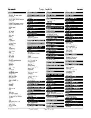 Title
Madonna
Die Another Day
Die Another Day (Radio Version)
Don’t Tell Me
Don't Cry For Me Argentina
Dont Cry For Me Argentina Miami Mix
Don't Tell Me
Dress You Up
Drowned World (Substitute For Love)
Drowned World Substitute For Love
Erotica
Express Yourself
Fever
Frozen
Get Together
Give It 2 Me
Give It To Me
Hanky Panky
Holiday
Hollywood
Hung Up
Ie Another Day
I'll Remember
Impressive Instant
Intervention
Into The Groove
Jump
Jump W-Vocal
Justify My Love
Keep It Together
La Isla
La Isla Bonita
La Isle Bonita
Like A Prayer
Like A Virgin
Live To Tell
Love Don't Live Here Anymore
Love Profusion
Lucky Star
Material Girl
Miles Away
Mother & Father
Music
Nothing Fails
Nothing Falls
Nothing Really Matters
Open Your Heart
Papa Don't Preach
Pappa Don't Preach
Physical Attraction
Power Of Goodbye
Power Of Goodbye, The
Rain
Ray Of Light
Rescue Me
Santa Baby
Secret
Sooner Or Later
Sorry
Swim
Take A Bow
The Power Of Goodbye
This Use To Be My Playground
This Used To Be My Playground
True Blue
Veras
Vogue
What It Feels Like For A Girl
Who's That Girl
XStatic Process
You Must Love Me
You'll See
Screamin Songs by Artist Demon
Title
Madonna & Justin
4 Minutes
Madonna & Justin Timberlake
4 Minuites
4 Minutes
Madonna Wvocal
I'll Remember
Madonna W-Vocal
Jump
Madonna
American Life
Mae, Angeli Flores
Cry
Mae, Ella Saison
Goodbye's Not Forever
Maestro, Johnny
Sixteen Candles
Worst That Could Happen
You Ll Never Walk Alone
Magdalena, M. Alejandro-Ana
Como Yo Te Amo
Magdangal&Boomroom, Jolina
Allryte Sa Gimik
Magdangal(Freddie, Jolina A.
Saturno Emrico Santos)
Tameme
Magdangal, Jolina
All The Way
Ang Pag Ibig Ko Na Ayaw Mo
Baka Sakali
Because
Breaking Up Is Hard To Do
Crazy
End Of The World, The
Have A Good Time
Kahit Di Mo Pansin
Kanino Ba
Mahal Mo Ba Ako
May Hinahanap Ang Puso
Ngayong Pasko
Paper Roses
Sad Movies
Save Your Heart For Me
Super Pinoy
Sweet Sixteen
Tingnan Mo Naman Ako
Too Toung
Where The Boys Are
You Don't Own Me
Magdangal, Jolina & 92 Ad
Munting Angarap Sa Pasko
Magdayao, Shaina
Dear Mama
Magdayao, Shaina And 92 Ad
Tahimik Na Daigdig Gabing Banal
Maggie May
Stewart, Rod
Magic
Newton-John, Olivia
Robin Thicke
Magic Number, The
Take A Chance
Magic Numbers, The
Take A Chance W-Vocal
This Is A Song
Magic Numbers, The Wvocal
This Is A Song
Title
Magnapop
Open The Door
Magnet And Steel
Egan, Walter
Magneto
La Puerta Del Colegio
Sugar Sugar
Vuela, Vuela
Maguey, Banda
Mil Gracias
Mahal, Moore, Morton, Riley &
Chorale
John The Revelator
Main Ingredient
Every Body Plays The Fool
Everybody Plays The Fool
Just Don't Want To Be Lonely
Main Ingredient, The
Everybody Plays The Fool
Maines, Natalie & Sheryl Crow
Abilene
Maiquez, Celerio
Panaligan Mo Sinta
Maiquez, T. L. Celerio
Awit Ko'y Dinggin
Maizy Doats Melody
Pretty Baby Paper Doll
Maja
All 'bout The Money
Major Genreal's Song
Pirates Of Penzance
Major, Charlie
I Do It For The Money
Tell Me Something I Don't Know
Make It With You
Bread
Maker Said Take Her, The
Alabama
Maki
Big Girl (You Are Beautiful)
Makin' Believe
Wells, Kitty
Making Love Out Of Nothing
At All
Air Supply
Malcolm, Carl
Fattie Bum Bum
Maldaur, Maria
Midnight At The Oasis
Malibu Storm
Photograph
Mallan, Peter
Annie Laurie
Mallet, Timmy
Itsy Bitsy Teenie Weeny
Itsy Bitsy Teeny Weeny Yellow Polka Dot
Bikini
Mallillin, Manuel Jr.
Mahal 'Mayroon Na Bang Iba'
Sulat
Mallillin., Manuel Jr.
Sino Pa
Malloy, Mitch
Nobody Wins In This War
Malmsteen, Yngwie
Title
Malmsteen, Yngwie
Heaven Tonight
Malone, Bugsy
Bugsy Malone
Malone, Tony & The
Rapparees
Wearin' Of The Green
Mama
Il Divo
Mama Cass
Make Your Own Kind Of Music
Mama Do
Lott, Pixie
Mama Said
Shirelles, The
Mama She's Lazy
Pinkard & Bowden
Mama Told Me (Not To Come)
Three Dog Night
Mama's & Papas
California Dreamin'
Creeque Alley
Dedicated To The One I Love
Do You Wanna Dance
Dream A Little Dream Of Me
Go Where You Wanna Go
I Saw Her Again
Monday, Monday
Words Of Love
Mamas & The Papas
California Dreamin'
Dedicated To The One I Love
Look Through My Window
Monday Monday
Mama's & The Papa's
Monday, Monday
Mamas & The Papas, The
California Dreamin'
California Dreaming
Creeque Alley
Dream A Little Dream Of Me
I Dig Rock & Roll Music
Monday Monday
Monday, Monday
Words Of Love
Mamas Papas And
California Dreamin'
Mamas The Pap
Monday Monday
Mamas The Papas And
Monday Monday
Mamas, The & The Papas
California Dreamin'
Mama's, The & The Papa's
Monday Monday
Mambru
A Veces
Mame
If He Walked Into My Life
We Need A Little Christmas
Mame (Broadway)
Bossom Buddies
Mamonas Assassinas
Vira Vira
Man 2 Man Meets Man Parish
Male Stripper
ofPrinted 5/6/2015 Page 158 Licensed to Marcello Adamo286Song List Generator®
 