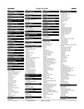 Title
Baby Bash & Akon
Baby I'm Back
Baby Bash & Frankie J.
Suga Suga
Baby Bash & Sean Kingston
What Is It
Baby Bash & Sean Kingston
Wvocal
What Is It
Baby Bash & T-Pain
Cyclone
Baby Bash & T-Pain Wvocal
Cyclone
Baby Boy Ft Lil Boosie
Way I Live, The
Baby Boy Ft Lil Boosie W-
Vocal
Way I Live, The
Baby Come Back
Player
Baby D
Let Me Be Your Fantasy
Baby Hold On
Money, Eddie
Baby I Love You
Franklin, Aretha
Baby I'm A Want You
Bread
Baby It's You
Jojo
Baby Love
Nicole Scherzinger Featuring Will.I.Am
Baby One More Time
Britney Spears
Baby Ranks, Daddy Yankee,
Tommy Tunn Tunn, Wisen Y
Yandel & Hector
Mayor Que Yo
Baby, Come To Me
Ingram, James & Patti Austin
Babybird
Bad Old Man
Babyface
And Our Feelings
Day That You Gave Me A Son, The
Every Time I Close My Eyes
Everytime I Close My Eyes
Fire & Rain
For The Cool In You
Grown & Sexy
Grown Sexy
How Come How Long
How Come, How Long
I Need A Love Song
My Kinda Girl
Never Keeping Secrets
Seven Seas
Sorry For The Stupid Things
Talk To Me
There She Goes
This Is For The Love In You
This Is For The Lover In You
What If
When Can I See You
Whip Appeal
Babyface & Lisa Stansfield
Dream Away
Screamin Songs by Artist Demon
Title
Babyface Wvocal
Fire & Rain
I Need A Love Song
Babylon Zoo
Spaceman
Babys, The
Every Time I Think Of You
Head First
Isn't It Time
Babyshambles
Delivery
Baccara
Moonlight Shadow
Wind Beneath My Wings (Dance Version)
Yes Sir I Can Boogie
Bach
Avemaria
Bacharach, Burt & Elvis
Costello
God Give Me Strength
Bachelors, The
Charmaine
Diane
Bachman Turner
Let It Ride
Roll On Down The Highway
Bachman Turner Overdrive
Four Wheel Drive
Gimme Your Money Please
Give It Time
Hey You
Hold Back The Water
Let It Ride
Lookin' Out For #1
Not Fragile
Rock Is My Life, And This Is My Song
Roll On Down The Highway
Take It Like A Man
Takin Care Of Business
Takin' Care Of Business
Takin' Care Of Busniess
Taking A Chance On Love
Taking Care Of Business
Thank You For The Feelin'
The Letter
You Ain’T Seen Nothing Yet
You Ain't Seen Nothin Yet
You Ain't Seen Nothing Y
You Ain't Seen Nothing Yet
Bachman Turner Overdrive
Wvocal
Takin' Care Of Business
Bachman, Tal
If You Sleep
If You Sleep (Radio Version)
She's So High
Bachman-Turner Overdrive
Hey You
Hold Back The Water
Takin' Care Of Business
Bachrach, Burt
This Guy's In Love With You
Bacilos
Caraluna
Mi Primer Millon
Pasos De Gigante
Back 2 Good
Matchbox Twenty
Title
Back At One
McKnight, Brian
Wills, Mark
Back Here
Bbmak
Back In Black (Punk Mix)
G11905
Back In My Arms Again
The Supremes
Back On The Chain Gang
Pretenders
Back To Black
Winehouse, Amy
Back When
McGraw, Tim
Backside Of Thirty
Conlee, John
Backstreet
Don't Leave Me
I Want It That Way
The Call
Backstreet Boys
All I Have To Give
Anywhere For You
As Long As You Love Me
Back To Your Heart
Call The
Call, The
Darlin'
Dont Leave Me
Don't Wanna Lose You
Dont Wanna Lose You Now
Dont Want You Back
Don't Want You Back
Drowning
Everybody
Everybody (Backstreet's Back)
Get Down (You're The One For Me)
Helpless When She Smiles
Hey Mr. Dj (Keep Playin' This Song)
How Did I Fall In Love With You
I Need You Tonight
I Promise You
I Want It That Way
If You Want To Be Good Girl
I'll Never Break Your Heart
Incomplete
Inconsolable
Its Gotta Be You
Just Want You To Know
Larger Than Life
More Than That
No One Else Comes Close
One, The
Ouit Playing Games With My Heart
Perfect Fan
Perfect Fan, The
Quit Playing Games (With My Heart)
Quit Playing Games With My Heart
Set Adrift On Memory Bliss
Shape Of My Heart
Show Me The Meaning
Show Me The Meaning Of Being Lo
Show Me The Meaning Of Being Lonely
Spanish Eyes
Straight THrough My Heart
The Call
The One
We've Got It Goin' On
Title
Backstreet Boys, The
10,000 Promises
All I Have To Do Is Give
All I Have To Give
Anywhere For You
As Long As You Love Me
Back To Your Heart
Boys Will Be Boys
Call, The
Darlin'
Don't Leave Me
Drowning
Everybody
Everybody (Backstreets Back)
Everybody (Backstreet's Back)
Everybody Backstreet S Back
Everybody Backstreet's Back
Everytime I Close My Eyes
Get Another Boyfriend
Get Down
Hey Mr DJ
Hey Mr. DJ
Hey Mr. Dj (Keep Playin' This Song)
I Love It Like That
I Wanna Be With You
I Want It That Way
If I Don't Have You
If You Want It To Be Good (Get Yourself A
Bad Boy)
If You Want To Be A Good Girl
I'll Never Break Your Hear
I'll Never Break Your Heart
I''ll Never Break Your Heart
I'll Never Stop
Incomplete
Inconsolable
Just Want You To Know
Larger Than Life
Let's Have A Party
Like A Child
More Than That
Nobody But You
One
One, The
Perfect Fan, The
Quit Playing Games
Quit Playing Games (With My Heart)
Quit Playing Games With My
Quit Playing Games With My Heart
Set Adrift On Memory Bliss
Shape Of My Heart
Show Me The Meaning
Show Me The Meaning Of Being Lonely
Tearing Up My Heart
That's The Way I Like It
That's What She Said
The One
We've Got It Goin'
We've Got It Goin' On
We've Got It Going On
Backstreet Boys, The & Nsync
Boys Will Be Boys
Bye Bye Bye
Everytime I Close My Eyes
Hey Mr. DJ (Keep Playin' This Song)
I Drive Myself Crazy
I Wanna Be With You
I'll Never Stop
Like A Child
Tearin' Up My Heart
Backstreet Boys, The Wvocal
Inconsolable
ofPrinted 5/6/2015 Page 16 Licensed to Marcello Adamo286Song List Generator®
 