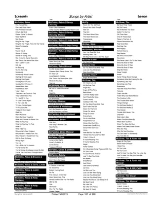 Title
McEntire, Reba
One Honest Man
One Last Good Hand
One Promise Too Late
Only In My Mind
Please Come To Boston
Read My Mind
Red Roses
Ring On Her Finger
Ring On Her Finger, Time On Her Hands
Room To Breathe
Roses
Rumor Has It
Secret Of Giving
Secret Of Giving, The
She Hinks His Name Was John
She Thinks His Name Was John
She's Callin' It Love
Silly Me
So So Long
So, So, So Long
Somebody
Somebody Should Leave
Starting All Over Again
Starting Over Again
Sunday Kind Of Love
Sunday Kind Of Love, A
Sweet Music Man
Sweet Music Man
Take It Back
There Ain't No Future In This
They Asked About You
Til I Said It To You
Til Love Comes Again
Til You Love Me
Till Love Comes Again
Till You Love Me
Today All Over Again
Walk On
We're All Alone
We're So Good Together
What Am I Gonna Do About You
What Do You Say
What Do You Say To That
What If
What If It's You
Whoever's In New England
Why Haven't I Heard From You
Why I Haven't I Heard From You
Will He Ever Go Away
Wrong Night
You Lie
You Lift Me Up To Heaven
You're Gonna Be
You're Gonna Be (Always Loved By Me)
You're The First Time I Thought About
Leaving
McEntire, Reba & Brooks &
Dunn
If You See Him If You See Her
McEntire, Reba & Davis, Linda
Does He Love You
McEntire, Reba & Justin
Timberlake
Only Promise That Remains, The
McEntire, Reba & Kelly
Clarkson
Because Of You
McEntire, Reba & Kelly
Clarkson Wvocal
Because Of You
Screamin Songs by Artist Demon
Title
McEntire, Reba & Kenny
Chesney
Every Other Weekend
I Was Country When Country Wasn't Cool
McEntire, Reba & Kenny
Chesney Wvocal
Every Other Weekend
McEntire, Reba & Linda Davis
Does He Love You
McEntire, Reba & Skip Ewing
Every Other Weekend
McEntire, Reba & Skip Ewing
Wvocal
Every Other Weekend
McEntire, Reba & Vince Gill
Heart Won't Lie, The
Oklahoma Swing
McEntire, Reba Wvocal
For My Broken Heart
Greatest Man I Never Knew, The
It's Your Call
Love Needs A Holiday
She Thinks His Name Was John
What Do You Say
You Lie
MCENTIRE,REBA
HE GETS THAT FROM ME
Ill Be
Walk On
McEntyre, Reba
I'm A Survivor
McEvoy, Eleanor
Only A Woman's Heart
McFadden & Whitehead
Ain't No Stoppin' Us Now
Ain't No Stopping Us Now
McFadden And Whitehead
Ain't No Stoppin' Us Now
McFadden, Brian
Irish Son
Like Only A Woman Can
Real To Me
Twisted
McFadden, Brian Wvocal
Like Only A Woman Can
McFatter, Clyde
Long Lonely Nights
Lover's Question, A
Lovey Dovey
Treasure Of Love
McFatter, Clyde & Drifters
Such A Night
McFerrin, Bobby
Dont Worry Be Happy
Don't Worry Be Happy
McFly
5 Colours In Her Hair
All About You
Baby's Coming Back
Do Ya
Five Colours In Her Hair
Heart Never Lies, The
Here's Another One For The Radio
IÆll Be Ok
Lies
Obviously
One For The Radio
Please Please
Title
McFly
Room On The 3rd Floor
Sorry's Not Good Enough
Star Girl
That Girl
The Heart Never Dies
The Heart Never Lies
Transylvania
Ultraviolet
McGee, Stick
Drinkin' Wine Spo-Dee-O-Dee
McGovern, Maureen
Can You Read My Mind
Morning After, The
We May Never Love Like This Again
McGraw & Hill
It's Your Love
McGraw Tim
Do You Want Fries With That
Live Like You Were Dyin
Real Good Man
McGraw Tim F
Angry All The Time
McGraw, Tim
All I Want Is A Life
All We Ever Find
Angel Boy
Angry All The Time
Back When
Can't Be Really Gone
Can't Really Be Gone
Comin' Home
Cowboy In Me, The
Do You Want Fries With That
Don't Take The Girl
Down On The Farm
Drugs For Jesus
Drugs Or Jesus
Everywhere
For A Little While
Forget About Us
Grown Men Don’t Cry
Grown Men DonÆt Cry
Grown Men Don't Cry
Home
How Bad Do You Want It
I Know How To Love You Well
I Like It, I Love It
If Youre Reading This
If You're Reading This
Illegal
Indian Outlaw
It's A Business Doing Pleasure With You
It's Your Love
I've Got Friends That Do
Just To See You Smile
Kill Myself
Kristofferson
Last Dollar
Last Dollar (Fly Away)
Let It Go
Let Me Love You
Live Like We Were Dying
Live Like You Were Dyin'
Live Like You Were Dying
Maybe We Should Just Sleep On It
My Best Friend
My Little Girl
My Little Girl (Flicka)
My Next 30 Years
Title
McGraw, Tim
My Next Thirty Years
My Old Friend
Not A Moment Too Soon
Nothin' To Die For
Old Town New
One Of These Days
Place In The Sun, A
Please Remember Me
Real Good Man
Red Rag Top
Red Ragtop
Refried Dreams
Reg Ragtop
Set This Circus Down
Seventeen
She Never Lets It Go To Her Heart
She’s My Kind Of Rain
She's My Kind Of Rain
She's My Kind Of Rain
Sing Me Home
Sleep Tonight
Smilin'
Some Things Never Change
Somebody Must Be Praying For Me
Something Like That
Somethng Like That
Suspicions
Take Me Away From Here
Telluride
That's Just Me
That's Why God Made Mexico
The Cowboy In Me
The Trouble With Never
Things Change
Tim McGraw Medley 1
Tim McGraw Medley 2
Tiny Dancer
Trouble With Never, The
Unbroken
Walk Like A Man
Watch The Wind Blow By
When Stars Go Blue
When The Stars Go Blue
Where The Green Grass Grows
Who Are They
Why We Said Goodbye
You Get Used To Somebody
You Turn Me On
McGraw, Tim & Faith Hill
Angry All The Time
Blank Sheet Of Paper
I Need You
It's You Love
It's Your Love
Just To Hear You Say That You Love Me
Just To Hear You Say You Love Me
Let's Make Love
McGraw, Tim & Faith Hill
Wvocal
I Need You
McGraw, Tim & Hill, Faith
It's Your Love
Let's Make Love
McGraw, Tim Vocal
Let It Go
McGraw, Tim Wvocal
Comin' Home
I Like It, I Love It
If Youre Reading This
If You're Reading This
ofPrinted 5/6/2015 Page 167 Licensed to Marcello Adamo286Song List Generator®
 