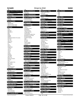 Title
Peabo Bryson & Roberta Flack
Duet
Tonight I Celebrate My Love
Peach Union
On My Own
Peaches & Cream
Reunited
Re-United
Peaches & Herb
Reunited
Reunited (Duet)
Shake Your Groove Thang
Shake Your Groove Thing
Pearl Jam
Alive
Animal
Better Man
Better Man, A
Black
Breath
Daughter
Dissident
Elderly Woman Behind The Counter
Even Flow
Fixer, The
Given To Fly
Glorified G
Go
Got Id
Hail Hail
Hunger Strike
I Am Mine
I Got 10
I Got I.D.
I Got ID
Jeremy
Last Kiss
Life Wasted
Light Years
Not For You
Nothing As It Seems
Save You
Smile
Spin The Black Circle
Who Are You
Who You Are
Wishlist
World Wide Suicide
Yellow Ledbetter
Pearl Jam Wvocal
Fixer, The
World Wide Suicide
Pearl Jam W-Vocal
World Wide Suicide
Pearls, The
Third Finger Left Hand
Pebbles
Girlfriend
Mercedes Boy
Pebbles & Babyface
Love Makes Things Happen
Peches Herb And
Shake Your Groove Thing
Peck, Danielle
Bad For Me
Can't Behave
Findin' A Good Man
Isn't That Everything
Screamin Songs by Artist Demon
Peck, Danielle Wvocal
Title
Peck, Danielle Wvocal
Bad For Me
Can't Behave
Peck, Danielle Wvocals
Bad For Me
Peck, Karen & New River
God Still Answers Pra
Now That You Know
Ten Thousand Angels C
Peck,Danielle
I Don't
Pedro Fernandez
Besame Morenita
Casa 24
El Que Mas Te Amo
El Sinaloense
Fueron Tres Anos
La Mujer Que Amas
Lluvia De Plata
Los Hombres No Deben Llorar
Me Quede Con Las Ganas
Mi Forma De Sentir
Para Bien O Para Mal
Quien
Si Te Vas
Sin Verte
Vamos A Platicar
Yo El Aventurero
Yo No Fui
Pedro Infante
Las Mananitas
Pedro Rosa Caro
Vestida De Garza Blanca
Pee Wee King
Slow Poke
Peebles, Ann
Come Mama(Poppa)
Peem, Dawn
You Don't Love Me
Peevey, Gayla
I Want A Hippopotamus For Christmas
I Want A Hippoptamus For Christmas
Peggy Sue
Holly, Buddy
Peligrosas, Amistades
Me Quedare Solo
Peligroso, Ritmo
Déjala Tranquila
Pena, Jennifer
El Dolor De Tu Presencia
Fuego Lento, A
Vivo Y Muero En Tu Piel
Peña, Jennifer
A Fuego Lento
Entre El Delirio Y La Locura
Hasta El Fin Del Mundo
Vivo Y Muero En Tu Piel
Pena, Jennifer & Daniel René
El Deseo De Ti
Penaranda, Jose Manuel
La Cosecha De Mujeres
Penate, Jack
Second, Minute Or Hour
Torn On The Platform
Pendergrass, Teddy
Close The Door
Close The Door (Part 1)
Title
Pendergrass, Teddy
Close The Door (Part 2)
Love T.K.O.
Turn Off The Lights
Pendulum
Granite
Propane Nightmares
Penguins
Earth Angel (Will You Be Mine)
Penguins The
Earth Angel
Penguins, The
Earth Angel
Peniston, Ce Ce
Finally
I'm In The Mood
Movin' On
Pennington, J.P.
You Gotta Get Serious
Penrose, Charles
Laughing Policeman, The
Pepe Aguilar
Corazon Esteril
Directo Al Corazon
Llamarada
Me Falta Valor
Me Vas A Extranar
Perdoname
Por Mujeres Como Tu
Por Una Mujer Bonita
Que Sepan Todos
Perales, Jose Luis
Y Como Es El
Peralta, Chichi
La Ciguapa
Percival, Don
One More Kiss Dear
Percy Sledge
When A Man Loves A Woman
Perdon
Vicente Fernandez
Peregrima, Eddie
Crazy Love
Don't Ever Go
I Do Love You
Let Me Be With You
Pight Or Wrong
Puppy Love
Time To Cry
To Be Loved
What Am I Living For
You Mean Everything To Me
You're My Destiny
Peregrina, Eddie
Bakas Ng Lumipas
My Way
Nabubuhay Ako Dahil Sa'yo
Sa Iyong Pagbabalik
Two Lovely Flowers
Peret
La Copa De Vino
Perez Botija, Rafael
Susanita Tiene Un Raton
Perez Botija, Rafrel
Jamas Te Dejare
Perez , Amanda
Angel
Title
Perez, Amanda
Angel
Angel
I Pray
Never
Perez, Chris
Best I Can, The
Perez, Damaso
Mambo Lupita
Perez, Franky
Something Crazy
Perez, Luis
El Sinaloense
No Provoque Mi Pichichi
Pérez, M. C. Gómez
Fuego Contra Fuego
Pérez, M. T. Gómez J. Morato
Hay Amor
Pérez, María & Alvarez
Beigbeder
Lo Siento Mi Amor
Perez, Ruby
Tu Vas A Volar
Perez, Rudy A. Posse C.
Salazar
Hay Otra En Tu Lugar
Perfect
Simple Plan
Perfect Circle
Passive
Perfect Circle, A
3 Libras
Hollow, The
Imagine
Judith
Outsider
Outsider, The
Passive
Weak And Powerless
Perfect Heart
I Wish It Would Rain
Somebody Touched The Lord
Yes Is The Answer
Perfect Stranger
Coming Up Short Again
Cut Me Off
Hits, The
I'm A Stranger Here Myself
Miracle
Remember The Ride
Ridin' The Rodeo
You Have The Right To Remain Silent
Perfect Way
Scritti Politti
Pericolli, Emilio
Mas Alla
Pericos, Los
Parate Y Mira
Perils Of Pauline
I Wish I Didn't Love You So
Perkins, Carl
Blue Suede Shoes
Dixie Fried
Honey Don't
Jive After Five
Matchbox
ofPrinted 5/6/2015 Page 195 Licensed to Marcello Adamo286Song List Generator®
 