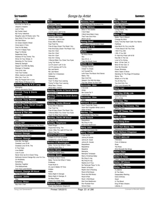 Title
Bennett, Tony
It's A Sin To Tell A Lie
Jeepers Creepers
Just In Time
My Foolish Heart
My Funny Valentine
Naughty Lady Of Shady Lane, The
Nice Work If You Can Get It
Old Devil Moon
On Green Dolphin Street
Once Upon A Time
One For My Baby
Put On A Happy Face
Rags To Riches
September Song
Shadow Of Your Smile, The
Shine On Your Shoes, A
Standing On The Corner
Stella By Starlight
Steppin' Out With My Baby
Stranger In Paradise
This Is All I Ask
Toot Toot Tootsie
When Joanna Loved Me
Who Can I Turn To
Why Do People Fall In Love
With Plenty Of Money & You
Bennett, Tony & K.D. Lang
Moonglow
What A Wonderful World
Bennett, Tony & Stevie
Wonder
For Once In My Life
Bennett, Tony Wvocal
I Left My Heart In San Francisco
Bennett, Tony, Sarah Vaughn
& Frank Sinatra
My Funny Valentine
Bennie & The Jets
John, Elton
Benny
Cielo
Benny Hill
Ernie (The Fastest Milkman In The West)
Ben's Brother
Stuttering (Kiss Me Again)
Benson George
Turn Your Love Around
Benson, George
Give Me The Night
Greatest Love Of All
Greatest Love Of All, The
In Your Eyes
Love Ballad
Love X Love
Never Give Up On A Good Thing
Nothing's Gonna Change My Love For You
On Broadway
Something
Standing Together
This Masquerade
Turn Your Love Around
Benson, George W-Vocal
This Masquerade
Benson, Jamie
Stay
Benson, Rhian
Say How I Feel
Screamin Songs by Artist Demon
Title
Bent
Matchbox Twenty
Bentley Dierks
How Am I Doin
Lot Of Leavin Left To Do
Bentley, Dierks
Come A Little Closer
Domestic, Light & Cold
Every Mile A Memory
Feel That Fire
Free & Easy (Down The Road I Go)
Free And Easy (Down The Road I Go)
How Am I Doin
How Am I Doin'
How Am I Doin’
How Am I Doing
I Wanna Make You Close Your Eyes
Long Trip Alone
Lot Of Leavin' Left To Do
Lot Of Leaving Left To Do
Ma Last Name
My Last Name
Settle For A Slowdown
Sideways
Sweet & Wild
Tryin' To Stop Your Leaving
Trying To Stop Your Leaving
What Was I Thinkin
What Was I Thinkin'
Bentley, Dierks & Sarah Buton
Sweet & Wild
Bentley, Dierks & Sarah Buton
Wvocal
Sweet & Wild
Bentley, Dierks Wvocal
Every Mile A Memory
Feel That Fire
Free & Easy (Down The Road I Go)
I Wanna Make You Close Your Eyes
Tryin' To Stop Your Leaving
Bentley, Dierks W-Vocal
Feel That Fire
Bentley, Stephanie
Dead Ringer
Hopechest Song, The
Once I Was The Light Of Your Life
Who's That Girl
BENTLEY,DIERKS
COME A LITTLE CLOSER
DOMESTIC LIGHT & COLD
Benton & Washington
Baby, You've Got What It Takes
Rocking Good Way, A
Benton Brook
Thank You Pretty Baby
Benton, Brook
A House Is Not A Home
Baby, You've Got What It Takes
Endlessly
Fools Rush In
It's Just A Matter Of Time
Kiddeo
Kiddio
Rainy Night In Georgia
Rainy Night In Georgia, A
So Many Ways
Thank You Pretty Baby
Berame, Fred
Bisan Ang Kalibutan Magdumili
Title
Berame, Fred
Samtang Ako May Kinabuhi Pa
Berg, Matraca
Back In The Saddle
I Got It Bad
I Must Have Been Crazy
That Train Don't Run
Won't Let Go
Bering Strait
Jagged Edge Of A Broken Heart
Berlanga, C.G.
Ni Tu Ni Nadie
Berlin
No More Words
Sex
Sex (I'm A...)
Take My Breath Away
Berlin, Irving
Change Partners
Cheek To Cheek
Let Yourself Go
Let's Face The Music And Dance
Metro, The
Say It Isn't So
Steppin' Out With My Baby
Top Hat, White Tie And Tails
Bermudez, Obie
4 30 A.M.
Antes
Me Canse De Ti
Todo El Año
Bermúdez, Obie
Antes
Bernard, Crystal
Don't Touch Me There
Have We Forgotten What Love Is
State Of Mind
Berries, The
Sunshine After The Rain
Berry Chuck
Maybellene
My Ding A Ling
Roll Over Beethoven
Berry John
Your Love Amazes Me
Berry, Chuck
C'est La Vie
Johnny B Goode
Johnny B. Good
Johnny B. Goode
Maybellene
Maybelline
Mayeline
Memphis
Memphis Tenessee
Merry Christmas Baby
My Ding A Ling
My Ding-A-Ling
Nadine (Is It You)
No Particular Place To Go
Reelin' & Rockin'
Reelin And A Rocking
Rock & Roll Music
Rock And Roll Music
Rock N Roll
Rock 'n Roll Music
Roll Over Beethoven
Run Rudolph Run
School Days
Title
Berry, Chuck
Sweet Little Sixteen
Berry, Dave
Crying Game, The
Little Things
Berry, John
Better Than A Biscuit
Change My Mind
Every Time My Heart Calls Your Name
Faithfully
How Much Do You Love Me
I Think About It All The Time
I Will If You Will
I Will, If You Will
If I Had Any Pride Left At All
Kiss Me In The Car
Love Is For Giving
Mind Of Her Own, A
Mind Of Her Own, A
Over My Shoulder
Power Windows
She's Taken A Shine
Standing On The Edge Of Goodbye
Stone, The
What's In It For Me
You & Only You
You And Only You
Your Love Amazes Me
Berry, Len
1-2-3
Best Day Of My Life
Jesse McCartney
SF1113756
Best Day, The
Strait, George
Best Is Yet To Come, The
Wilson, Nancy
Best Of Times, The
Styx
Best Of You
Foo Fighters
Best Song Ever
G27907
Beth Hart Band, The
Delicious Surprise
Beth Neilson Chapman
Happy Girl
BETTE MIDLER
FRIENDS
From A Distance
Rose
The Rose
Wind Beneath My Wings
Better Days
Goo Goo Dolls
Better In Time
Lewis, Leona Wvocal
Better Off Alone
Deejay, Alice
Better Than Ezra
A Lifetime
At The Stars
Desperately Wanting
Extra Ordinary
Good
In The Blood
King Of New Orleans
Lifetime, A
ofPrinted 5/6/2015 Page 23 Licensed to Marcello Adamo286Song List Generator®
 