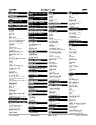Title
Adams & Turner
It's Only Love
Adams Bryan
Can T Stop This Thing We Starte
Heaven
Adams, B. & Sting & R.
Stewart
All For Love
Adams, B., Sting & R. Stewart
All For Love
Adams, Bryan
18 Til I Die
18 'til I Die
All For Love
Back To You
Best Of Me
Best Of Me, The
Can’t Stop This Thing We Started
Can't Stop This Feeling We've Started
Cant Stop This Thing We Started
Can't Stop This Thing We Started
Cloud No 9
Cloud No.9
Cuts Like A Knife
Do I Have To Say The Words
Everything I Do
Everything I Do (I Do It For You)
Everything I Do I Do It For You
Everything I Do, I Do It For You
Flying
Give, Don't Up
Have You Ever Really Loved A Woman
Heat Of The Night
Heaven
Here I Am
I Do It For You
I Do It For You (Everything I Do)
I Do It For You Everything I Do
I'll Always Be Right There
Inside Out
It's Only Love
Kids Wanna Rock
Let's Make A Night To Remember
On A Day Like Today
Only Thing That Looks Good On Me I
Only Thing That Looks Good On Me Is
You, The
Only Thing That Looks Good On Me, The
Please Forgive Me
Run Run Rudolph
Run Run Rudolph
Run To You
Somebody
Straight From The Heart
Summer Of '69
Summer Of '69
There Will Never Be Another Tonight
This Time
Thought I'd Died And Gone To Heaven
When You Love Someone
Adams, Bryan & Melanie C.
When You're Gone
Adams, Bryan & Rod Stewart
All For Love
Do I Have To Say The Words
I Finally Found Someone
If We Fall In Love Tonight
I'll Always Be Right There
Please Forgive Me
Reason To Believe
Screamin Songs by Artist Demon
Title
Adams, Bryan & Rod Stewart
& Sting
All For Love
Adams, Bryan & Sting & Rod
Stewart
All For Love
Adams, Bryan & Streisand,
Barbra
I Finally Found Someone
Adams, Bryan & Tina Turner
It's Only Love
Adams, Bryan With Mel C
When Your'e Gone
Adams, Bryan, Sting & R.
Stewart
All For Love
Adams, Faye
Shake A Hand
Adams, Oleta
Circle Of One
Day I Stop Loving You, The
Embraceable You
Get Here
Never Knew Love
We Will Meet Again
Adams, Ryan
Answering Bell
Everybody Knows
New York New York
New York, New York
So Alive
Adams, Ryan Wvocal
Everybody Knows
Adams, Sara
Three Chords And The Truth
Adams, Yolanda
Have Yourself A Merry Little Christmas
Open My Heart
ADAMS,BRYAN
All That She Wants
Everything I Do I Do It For You
ADAMS,OLETA
Get Here
Wanna Be
Adams,Yolanda
Someone Watching Over You
Adamski
Killer
Addicted
Saving Abel
Saving Abel Wvocal
Addotta, Kip
Wet Dream
Adele
Chasing Pavements
Cold Shoulder
Hometown Glory
Right As Rain
Someone Like You
Adele Wvocal
Chasing Pavements
Right As Rain
Adelita, La
Negrete, Jorge
Adelle
Chasing Pavements
Title
Adema
Freaking Out
Giving In
Promises
The Way You Like It
Unstable
Way You Like It, The
Adios Mi Chaparrita
Algara, Alejandro
Adkins Trace
Hot Mama
Songs About Me
Adkins, Trace
All I Ask For Anymore
Arlington
Big Time
Chrome
Don't Lie
Every Light In The House Is On
Help Me Understand
Help Me Understand
Honky Tonk Badonkadonk
Hot Mama
I Got My Game On
I Left Something Turned On
I Left Something Turned On At Home
I Wanna Feel Something
I’m Gonna Love You Anyway
I'm Gonna Love You Anyway
I'm Tryin'
Ladies Love Country Boys
Lonely Won't Leave Me Alone
Marry For Money
More
Muddy Water
Rest Of Mine, The
Rough & Ready
Rought And Ready
Somgs About Me
Songs About Me
Swing
Then They Do
There's A Girl In Texas
This Ain’t No Thinkin’ Thing
This Ain't No Thinkin' Thing
Til The Last Shot's Fired
Till The Last Shot's Fired
You're Gonna Miss This
Adkins, Trace Vocal
Muddy Water
Adkins, Trace Wvocal
Don't Lie
I Wanna Feel Something
Ladies Love Country Boys
Marry For Money
Muddy Water
Till The Last Shot's Fired
You're Gonna Miss This
Adkins, Trace W-Vocal
Ladies Love Country Boys
ADKINS,TRACE
ARLINGTON
Honky Tonk Badonkadonk
THEN THEY DO
Adolescentes
Persona Ideal
Adriana
Headstrong
Adult
Title
Adult
Balls To You Partner
Bear
Dinah Dinah
Doughnut Song
Engineers Song
Need Bone Again Naturally
Puff The Magic Tampon
Six Old Ladies
Teddy Bear
Three Greman Officers
ADULT LYRICS
Ain't No Pussy When She's Gone
Are You Lonesome Tonight
I Did You Babe
Stuck In The Middle Of Who
Summer Nights
Summer Nights Triminator
With Legs Wide Open
You're The One That I Want
Adventures Of Stevie B
Dirty Cash
Aegis
Araw Araw Na Lang
Asul
Awit At Pag Ibig
Babae Sa Bintana
Do You Want Me
Gumising Na Tayo
Ilog
Maniwala Ka
Mary Jane
Munting Pangarap
Pader
Pagmamahal
Palad
Para Kay Aileen
Rockin' In The Cities
Sundot
To Be With You
Torete
Yun Na
Aerosmith
Amazing
Angel
Angel's Eye
Baby Please Don't Go
Baby, Please Don’t Go
Baby, Please Don't Go
Back In The Saddle
Big 10 Inch Record
Big Ten Inch Record
Crazy
Cryin'
Draw The Line
Dream On
Dude
Dude (Looks Like A Lady)
Dude Looks Like A Lady
Dueces Are Wild
Eat The Rich
Falling In Love
Falling In Love
Falling In Love (Is Hard On The Knees)
Falling In Love Is Hard On The Knees
Fly Away From Here
Girls Of Summer
Hole In My Soul
I Didn't Want To Miss A Thing
I Don’t Want To Miss A Thing
I DON'T WANNA MISS A THING
ofPrinted 5/6/2015 Page 4 Licensed to Marcello Adamo286Song List Generator®
 