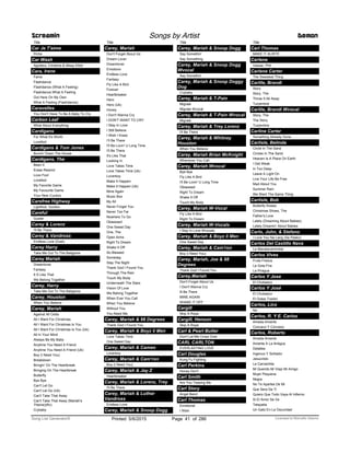 Title
Car Je T'aime
Piche
Car Wash
Aguilera, Christina & Missy Elliot
Cara, Irene
Fame
Flashdance
Flashdance (What A Feeling)
Flashdance.What A Feeling
Out Here On My Own
What A Feeling (Flashdance)
Caravelles
You Don't Have To Be A Baby To Cry
Carbon Leaf
What About Everything
Cardigans
For What It's Worth
Lovefool
Cardigans & Tom Jones
Burnin' Down The House
Cardigans, The
Been It
Erase Rewind
Love Fool
Lovefool
My Favorite Game
My Favourite Game
Your New Cuckoo
Carefree Highway
Lightfoot, Gordon
Careful
Guster
Carey & Lorenz
I'll Be There
Carey & Vandross
Endless Love (Duet)
Carey Harry
Take Me Out To The Ballgame
Carey Mariah
Dreamlover
Fantasy
It S Like That
We Belong Together
Carey, Harry
Take Me Out To The Ballgame
Carey, Houston
When You Believe
Carey, Mariah
Against All Odds
All I Want For Christmas
All I Want For Christmas Is You
All I Want For Christmas Is You (Uk)
All In Your Mind
Always Be My Baby
Anytime You Need A Friend
Anytime You Need A Friend (Uk)
Boy (I Need You)
Breakdown
Bringin' On The Heartbreak
Bringing On The Heartbreak
Butterfly
Bye Bye
Can't Let Go
Can't Let Go (Uk)
Can't Take That Away
Can't Take That Away (Mariah's
Theme)(Rv)
Crybaby
Screamin Songs by Artist Demon
Title
Carey, Mariah
Don't Forget About Us
Dream Lover
Dreamlover
Emotions
Endless Love
Fantasy
Fly Like A Bird
Forever
Heartbreaker
Hero
Hero (Uk)
Honey
I Don't Wanna Cry
I DON'T WANT TO CRY
I Stay In Love
I Still Believe
I Wish I Knew
I’ll Be There
I'll Be Lovin' U Long Time
I'll Be There
It's Like That
Looking In
Love Takes Time
Love Takes Time (Uk)
Loverboy
Make It Happen
Make It Happen (Uk)
Mine Again
Music Box
My All
Never Forget You
Never Too Far
Nowhere To Go
Obsessed
One Sweet Day
One, The
Open Arms
Right To Dream
Shake It Off
So Blessed
Someday
Stay The Night
Thank God I Found You
Through The Rain
Touch My Body
Underneath The Stars
Vision Of Love
We Belong Together
When Ever You Call
When You Believe
Without You
You Need Me
Carey, Mariah & 98 Degrees
Thank God I Found You
Carey, Mariah & Boyz Ii Men
Love Takes Time
One Sweet Day
Carey, Mariah & Cameo
Loverboy
Carey, Mariah & Cam'ron
Boy (I Need You)
Carey, Mariah & Jay Z
Heartbreaker
Carey, Mariah & Lorenz, Trey
I'll Be There
Carey, Mariah & Luther
Vandross
Endless Love
Carey, Mariah & Snoop Dogg
Title
Carey, Mariah & Snoop Dogg
Say Somethin'
Say Something
Carey, Mariah & Snoop Dogg
Wvocal
Say Somethin'
Carey, Mariah & Snoop Doggy
Dog
Crybaby
Carey, Mariah & T-Pain
Migrate
Migrate Wvocal
Carey, Mariah & T-Pain Wvocal
Migrate
Carey, Mariah & Trey Lorenz
I'll Be There
Carey, Mariah & Whitney
Houston
When You Believe
Carey, Mariah Brian McKnight
Whenever You Call
Carey, Mariah Wvocal
Bye Bye
Fly Like A Bird
I'll Be Lovin' U Long Time
Obsessed
Right To Dream
Shake It Off
Touch My Body
Carey, Mariah W-Vocal
Fly Like A Bird
Right To Dream
Carey, Mariah W-Vocals
I Stay In Love Wvocals
Carey, Mariah & Boyz Ii Men
One Sweet Day
Carey, Mariah & Cam'ron
Boy (I Need You)
Carey, Mariah, Joe & 98
Degrees
Thank God I Found You
Carey,Mariah
Don't Forget About Us
I Don't Wanna Cry
Ill Be There
MINE AGAIN
SHAKE IT OFF
Cargill
Skip A Rope
Cargill, Henson
Skip A Rope
Carl & Pearl Butler
Don't Let Me Cross Over
CARL CARLTON
EVERLASTING LOVE
Carl Douglas
Kung Fu Fighting
Carl Perkins
Honey Don't
Carl Smith
Are You Teasing Me
Carl Story
Angel Band
Carl Thomas
Emotional
I Wish
Title
Carl Thomas
MAKE IT ALRITE
Carlene
Vassar, Phil
Carlene Carter
The Sweetest Thing
Carlile, Brandi
Story
Story, The
Throw It All Away
Turpentine
Carlile, Brandi Wvocal
Story, The
The Story
Turpentine
Carline Carter
Something Already Gone
Carlisle, Belinda
Circle In The Sand
Circles In The Sand
Heaven Is A Place On Earth
I Get Weak
In Too Deep
Leave A Light On
Live Your Life Be Free
Mad About You
Summer Rain
We Want The Same Thing
Carlisle, Bob
Butterfly Kisses
Christmas Shoes, The
Father's Love
Lately (Dreaming About Babies)
Lately Dreamin' About Babies
Carlo, John, & Stefano
I Love You Na Lang (Sa Pasko)
Carlos Del Castillo Nava
La Macalacachimba
Carlos Vives
Fruta Fresca
La Gota Fria
La Piragua
Carlos Y Jose
El Chubasco
Carlos Y José
El Chubasco
El Golpe Traidor
Carlos, Lico
No
Carlos, R. Y E. Carlos
Amada Amante
Concavo Y Convexo
Carlos, Roberto
Amada Amante
Amante A La Antigua
Detalles
Ingenuo Y Soñador
Jesucristo
La Carcachita
Mi Querido Mi Viejo Mi Amigo
Mujer Pequena
Negra
No Te Apartes De Mi
Que Sera De Ti
Quiero Que Todo Vaya Al Infierno
Si El Amor Se Va
Telepatia
Un Gato En La Oscuridad
ofPrinted 5/6/2015 Page 41 Licensed to Marcello Adamo286Song List Generator®
 
