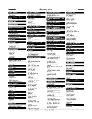 Title
Carlos, Roberto
Yo Te Amo
Yo Te Propongo
Carlos, Roberto & Eydie
Gorme
Santado A La Vera Del Camino
Carlson, Jeff
Not On Your Love
Carlson, Katrina
Suddenly Beautiful
Carlson, Katrina & Howard
Jones
No One Is To Blame
Carlson, Paulette
Chain Just Broke, The
Not With My Heart You Don't
CARLSON,KATRINA
SUDDENLY BEAUTIFUL
Carlton Carl
Everlasting Love
Carlton, Carl
Bad Mama Jama (Part 1)
Bad Mama Jama (Part 2)
Everlasting Love
She's A Bad Mama Jama
Carlton, Vanessa
A Thousand Miles
Nolita Fairytale
Ordinary Day
Pretty Baby
Thousand Miles, A
White Houses
Carly Simon
Haven't Got Time For The Pain
That's The Way I've Always Heard It
Should Be
Youre So Vain
Carman
Addicted To Jesus
Carmel
More More More
Carmen Eric
All By Myself
Carmen, Eric
All By Myself
Change Of Heart
Hungry Eyes
Make Me Lose Control
Never Gonna Fall In Love Again
Carnes & Rogers
Don't Fall In Love With A Dreamer (Duet)
Carnes, Kim
Bette Davis Eyes
Crazy In The Night
More Love
Carol, Dinah
Without Love
Carol, Douglas
Doctor's Orders
Carole King
Anyone At All
Its Too Late
So Far Away
Carolina Liar
Show Me What I Am Looking For
Show Me What I'm Looking For
Screamin Songs by Artist Demon
Carolina Liar Wvocal
Title
Carolina Liar Wvocal
Show Me What I Am Looking For
Show Me What I'm Looking For
Carolina Rain
American Radio
Get Outta My Way
I Ain't Scared
Isn't She
Weight Of The World
Weight Of The World Wvocal
Carolina Rain W-Vocal
Get Outta My Way
Caroline Liar
Show Me What Im Looking For
Caroline's Spine
Nothing To Prove
Carolyn Dawn Johnson
Complicated
Georgia
ONE DAY CLOSER TO YOU
Simple Life
Carolyn Dawn Johnson &
Keith Urban
Die Of A Broken Heart
Caron, Leslie
HI LILI HI LO
Carousel
If I Loved You
June Is Busting Out All Over
You’ll Never Walk Alone
You'll Never Walk Alone
Carpenter, Mary Chapin
Almost Here
Almost Home
Better To Dream Of You, The
Bug, The
Come On Come On
Down At The Twist & Shout
Down At The Twist And Shout
Goin' Out Tonight
Going Out Tonight
Grow Old With Me
Hard Way, The
He Thinks He'll Keep Her
House Of Cards
How Do
I Feel Lucky
I Take My Chances
I Want To Be Your Girlfriend
It's Only Love
John Doe No. 24
Let Me Into Your Heart
My Dear Old Friend
Never Had It So Good
Not Too Much To Ask
Only A Dream
Passionate Kisses
Quittin' Time
Right Now
Shut Up & Kiss Me
Shut Up And Kiss Me
Simple Life
Something Of A Dreamer
Stones In The Road
Tender When I Want To Be
The Better To Dream Of You
The Bug
This Is Me Leaving You
This Shirt
What Would You Say To Me
Title
Carpenter, Mary Chapin
Wherever You Are
Why Walk When You Can Fly
You Win Again
Carpenter, Mary Chapin & Joe
Diffie
Not Too Much To Ask
Carpenter, Mary Chapin &
Sheryl Crow
Flesh & Blood
Carpenter, Mary Chapin &
Sheryl Crow & Emmylou Harris
Flesh And Blood
Carpenter, Mary Chapin
Wvocal
Down At The Twist And Shout
Passionate Kisses
Carpenter, Mary Chapin &
Sheryl Crow & Emmylou Harris
Flesh And Blood
Carpenter, Mary Chapin, Crow,
Sheryl And Harris, Emmylou
Flesh And Blood
Carpenter, Thelma
More Than You Know
Carpenters
Close To You
Goodbye To Love
Hurting Each Other
I Kept On Loving You
I Won’t Last A Day Without You
I Won't Last A Day Without You
I'll Be Home For Christmas
It's Going To Take Some Time
Let Me Be The One
Please Mister Postman
Rainy Days And Mondays
Superstar
There's A Kind Of Hush (All Over The
World)
Top Of The World
Touch Me When We're Dancing
Two Of Us
We've Only Just Begun
Yesterday Once More
You
You're The One
Carpenters (Vocal)
We've Only Just Begun
Carpenters The
For All We Know
Top Of The World
Carpenters, The
All You Get From Love Is A Love Song
Calling All Occupants Of Interpla
Calling Occupants Of Interplane
Close To You
Close To You, (They Long To Be)
For All We Know
Goodbye To Love
Have Yourself A Merry Little Christmas
Hurting Each Other
I Won’t Last A Day Without You
I Won't Last A Day Without You
It’s Going To Take Some Time
It's Going To Take Some Time
Jambalaya
Jambalaya On The Bayou
Merry Christmas Darlin'
Title
Carpenters, The
Merry Christmas Darling
Only Yesterday
Our Day Will Come
Please Mr Postman
Please Mr, Postman
Please Mr. Postman
Rainy Days & Mondays
Rainy Days And Mondays
Sing
Sing (Sing A Song)
Solitaire
Superstar
There's A Kind Of Hush
They Long To Be Close To You
This Masquerade
Ticket To Ride
Top Of The World
Touch Me When We're Dancing
We’ve Only Just Begun
We've Only Just Begun
We've Only Ust Begun
Yesterday Once More
Carpenters, The Wvocal
Close To You
Carr, Cathy
Ivory Tower
Carr, Pearl & Teddy Johnson
Sing Little Birdie
Carr, Vicki
For Once In My Life
I'll Wait For You
It Must Be Him
Otra Vez Enamorada
Vamos De Frente
Yo Sego Siendo Como Soy
Carra, Raffaella
Hay Que Venir Al Sur
Carrack, Paul
Don't Shed A Tear
Eyes Of Blue
For Once In Our Lives
Carrapicho
Tic Tac
Carrasco, Angela
Ahora O Nunca
Quererte A Ti
Quiereme
Carrasco, Angela & Camilo
Sesto
Callados
Carrey, Jim
Cuban Pete
You're A Mean One, Mr Grinch
Carrie Underwood
All American Girl
Before He Cheats
Don't Forget To Remember Me
I Just Can't Live A Lie
I Know You Won't
I'll Stand By You
INSIDE YOUR HEAVEN
Jesus Take The Wheel
Jesus, Take The Wheel
Some Hearts
Wasted
Carried Away
Strait, George
ofPrinted 5/6/2015 Page 42 Licensed to Marcello Adamo286Song List Generator®
 