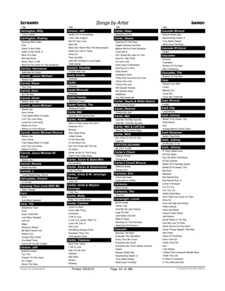 Title
Carrington, Billy
I Got A Feelin'
Carrington, Rodney
Dancing With A Man
Fred
Great To Be A Man
Letter To My Peni$, A
More Of A Man
Morning Wood
Show Them To Me
Who Put The DICK On The Snowman
Carrion, Hermanos
Lagrimas De Cristal
Carroll, Jason Michael
Alyssa Lies
Carroll, Diane
This Time
Carroll, Dina
Ain't No Man
Carroll, Dinah
Perfect Year, The
Carroll, Jason Michael
Alyssa Lies
Hurry Home
I Can Sleep When I'm Dead
Livin' Our Love Song
Living Our Love Song
Where I'm From
Where I'm From Wvocal
Carroll, Jason Michael Wvocal
Alyssa Lies
Hurry Home
I Can Sleep When I'm Dead
Livin' Our Love Song
Where I'm From
Carroll, Jason Michael W-
Vocal
Alyssa Lies
Carroll, Ronnie
Roses Are Red
Carrott, J.
Funky Mopedmagic Round
Carruseles, Sonora
La Comay
Carrying Your Love With Me
Strait, George
Cars
Drive
Just What I Needed
Cars, The
Dangerous Type
Drive
Good Times Roll
Just What I Needed
Let's Go
Magic
Moving In Stereo
My Best Friend's Girl
Shake It Up
Tonight She Comes
You Might Think
You're All I've Got Tonight
Carson, Jeff
Butterfly Kisses
Car, The
Cheatin' On Her Heart
Do It Again
Here's The Deal
Screamin Songs by Artist Demon
Title
Carson, Jeff
Holdin' On To Something
I Can Only Imagine
Not On Your Love
Real Life
Real Life (I Never Was The Same Again)
Santa Got Lost In Texas
Shine On
That Last Mile
Until We Fall Back In Love Again
Yeah Buddy
Carson, Paulette
I'll Start With You
Carte Vocals
Honestly
Cartel
Honestly
Cartel Wvocals
Honestly
Carter Family
Wildwood Flower
Carter Family, The
Wildwood Flower
Carter Mel
Hold Me Thrill Me Kiss Me
Carter, Aaron
Aaron's Party Come And Get It
American A O
Bounce
How I Beat Shaq
I Want Candy
I'm All About Me
I'm All About You
Not Too Young, Not Too Old
Oh Aaron
Stride (Jump On The Frizzy)
That's How I Beat Shaq
Carter, Aaron & Baha Men
Summertime
Carter, Aaron & Dreamstreet
Feel The Rain
Carter, Anita & W. Jennings
Wvocal
I Got You
Carter, Anita & Waylon
Jennings
I Got You
Carter, Betty
Baby, It's Cold Outside
Carter, Carlene
Come On Back
Every Little Thing
Hurricane
I Fell In Love
I Love You 'cause I Want To
Love Like This, A
One Love
Something Already Gone
Sweetest Thing, The
Unbreakable Heart
Carter, Clarence
Back Door Santa
I Fell In Love
Kiss You All Over
Patches
Slip Away
Strokin'
Stroking
Title
Carter, Dean
Strawberry Wine
Carter, Deana
Absence Of The Heart
Angels Working Overtime
Before We Ever Said Goodbye
Count Me In
Did I Shave My Legs For This
How Do I Get There
I'm Just A Girl
Once Upon A December
One Day At A Time
Ruby Brown
Strawberry Wine
That's How You Know It's Love
There’s No Limit
There's No Limit
We Danced Anyway
We Danced Away
Wildflower
You Still Shake Me
Carter, Deana & Willie Nelson
On The Road Again
Carter, Deanna
There's No Limit
Carter, Mel
Hold Me Thrill Me Kiss Me
Hold Me, Thrill Me, Kiss Me
Carter, Mel & Left Eye
Never Be The Same Again
Carter, Nick
Do I Have To Cry For You
Help Me
CARTER,DEANNA
IM JUST A GIRL
Carter's Chord
Different Breed
Young Love
Carter's Chord Wvocal
Different Breed
Young Love
Cartman, Eric
Come Sail Away
Kyles Mom's A Bitch
Cartoons
Witch Doctor
Cartoons, The
Doo Dah
Cartwright, Lionel
Be My Angel
Family Tree
Give Me His Last Chance
Leap Of Faith
Like Father Like Son
Miles & Years
Standing On The Promises
What Kind Of Fool Am I
Cascada
Because The Night
Evacuate The Dancefloor
Every Time We Touch
Everytime We Touch
Everytime We Touch (Radio Version)
Faded
Miracle (Radio Mix)
Neverending Dream, A
Truly Madly Deeply
What Hurts The Most
Title
Cascada Wvocal
Miracle (Radio Mix)
Neverending Dream, A
Truly Madly Deeply
What Hurts The Most
Cascada W-Vocal
Faded
Cascades
Dreamin'
Hushabye
Rhythm Of The Rain
Was I Dreaming
Cascades, The
Rhythm Of The Rain
Case
Happily Ever After
Lovely
Missing You
Touch Me
Touch Me Tease Me
Case Wvocal
Lovely
Cash City
Larochelleire
Cash Johnny
Ballad Of Ira Hayes, The
Flesh Blood
Hurt
Sunday Mornin Comin Down
Cash Rosanne
Seven Year Ache
Cash, Johhny
25 Minutes To Go
Cash, Johnny
A Thing Called Love
All Over Again
Any Old Wind That Blows
At San Quentin
Ballad Of A Teenage Queen
Ballad Of Ira Hayes, The
Big River
Blistered
Boy Named Sue
Boy Named Sue, A
Come In Stranger
Cry Cry Cry
Cry, Cry, Cry
Daddy Sang Bass
Don't Take Your Guns To Town
Drive On
Five Feet High And Rising
Flesh & Blood
Flesh And Blood
Folsom Prison Blues
Get Rhythm
Ghost Riders In The Sky
Give My Love To Rose
God's Gonna Cut You Down
Guess Things Happen That Way
Hey Porter
Home Of The Blues
Honk Tonk Girl
Honky Tonk Girl
Hurt
I Got Stripes
I Heard That Lonesome Whistle Blow
I Walk The Line
If I Were A Carpenter
In The Jailhouse Now
ofPrinted 5/6/2015 Page 43 Licensed to Marcello Adamo286Song List Generator®
 