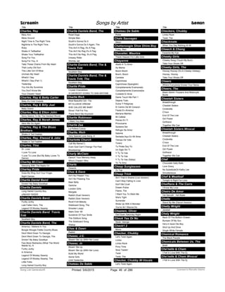 Title
Charles, Ray
Mary Ann
Mess Around
Night Time Is The Right Time
Nightime Is The Right Time
Ruby
Shake A Tailfeather
Shake Your Tailfeather
Song For You
Song For You, A
Take These Chains From My Heart
That Lucky Old Sun
This Little Girl Of Mine
Unchain My Heart
What'd I Say
What'd I Say (Part 1)
Yesterday
You Are My Sunshine
You Don't Know Me
Your Cheatin' Heart
Charles, Ray & Betty Carter
Baby It's Cold Outside
Charles, Ray & Billy Joel
Baby Grand
Charles, Ray & Elton John
Sorry Seems To Be The Hardest Words
Charles, Ray & Norah Jones
Here We Go Again
Charles, Ray & The Blues
Brothers
Shake A Tail Feather
Charles, Ray, Elwood & Jake
Shake A Tail Feather
Charles, Tina
Dr. Love
I Love To Love
I Love To Love (But My Baby Loves To
Dance)
Charley McClain
Sleeping With The Radio On
Charley Pride
Does My Ring Hurt Your Finger
Night Games
Charlie Daniel Band
Drinkin' My Baby Goodbye
Charlie Daniels
Long Haired Country Boy
UNEASY RIDER
Charlie Daniels Band
Funky Junky
Last Fallen Hero, The
Legend Of Wooley Swamp
Charlie Daniels Band Travis
Tritt
Southern Boy
Charlie Daniels Band, The
America, I Believe In You
Boogie Woogie Fiddle Country Blues
Devil Went Down To Georgia
Devil Went Down To Georgia, The
Drinkin' My Baby Goodbye
Few More Rednecks (What The World
Needs Is), A
Funky Junky
In America
Legend Of Wooley Swamp
Legend Of Wooley Swamp, The
Little Folks
Long Haired Country Boy
Screamin Songs by Artist Demon
Title
Charlie Daniels Band, The
Road Dogs
Simple Man
South's Gonna Do It
South's Gonna Do It Again, The
This Ain't A Rag, It's A Flag
This Ain't No Rag It's A Flag
This Ain't No Rag, It's A Flag
Uneasy Rider
Wichita Jail
Charlie Daniels Band, The &
Travis Tritt
Southern Boy
Charlie Daniels Band, The &
Travis Tritt, The
Southern Boy
Charlie Pride
Crystal Chandeliers
IS ANYBODY GOING TO SAN ANTONE
Charlie Rich
Most Beautiful Girl, The
MY ELUSIVE DREAM
SHE CALLED ME BABY
Since I Fell For You
There Won't Be Anymore
Charlie Robinson
I Want You Bad
Charlie Zaa
La Pollera Colora
Charlie, Rich
Very Special Love Song, A
Charlotte Church
Call My Name(1)
Even God Can't Change The Past
Moodswings
Charly McClain
Dancin' Your Memory Away
Who's Cheatin' Who
Charts
Deserie
Chas & Dave
Ain't No Pleasin' You
Ain't No Pleasing You
Beer Belly
Gertcha
London Girls
Margate
Rabbit (Duet Version)
Rabbit (Solo Version)
Rock'n'roll Melody
Sideboard Song, The
Snooker Loopy
Stars Over '45
Sunshine Of Your Smile
The Diddlum Song
The Sideboard Song
Wallop
Chas & Dawn
Rabbit
Chasez, J.C.
Blowin' Me Up (With Her Love)
Chasez, Jc
Blowin' Me Up
Blowin' Me Up (With Her Love)
Build My World
Some Girls
Until Yesterday
Chateau De Sable
Title
Chateau De Sable
Piche
Chats Sauvages
Marjo
Chattanoogie Shoe Shine Boy
Foley, Red
Chavalier, Maurice
Thank Heaven For Little Girls
Chayanne
Atado A Tu Amor
Ay Mama
Boom Boom
Boom, Boom
Candela
Caprichosa
Caprichosa (Spanglish)
Completamente Enamorado
Completamente Enamorados
Cuidarte El Alma
Dame Touch Me Part 1
Dejaria Todo
Dulce Y Peligrosa
El Centro De Mi Corazon
Fiesta En America
Mariana Mambo
Mi Cafetal
Pienso En Ti
Provocame
Quisiera Ser
Refugio De Amor
Salome
Sentada Aqui En Mi Alma
Tiempo De Vals
Torero
Tu Pirata Soy Yo
Un Siglo Sin Ti
Y Tu Te Vas
Y Tú Te Vas
Y Tu Te Vas (Salsa)
Yo Te Amo
Cheap Sunglasses
Zz Top
Cheap Trick
Ain’t That A Shame (Live Version)
Can't Stop Falling In Love
Don't Be Cruel
Dream Police
Flame, The
I Want You To Want Me
She's Tight
Surrender
Woke Up With A Monster
You're All I Wanna Do
Cheatam, Oliver
Get Down Saturday Night
Check Yes Or No
Strait, George
Check1 2
Mona
Checker, Chubby
Let's Twist Again
Limbo
Limbo Rock
Pony Time
Slow Twistin'
Twist
Twist, The
Checker, Chubby W-Vocals
Let's Twist Again
Title
Checkers, Chubby
Limbo Rock
Twist, The
Checkmate
When You Say Nothing At All
Cheech & Chong
Earache My Eye
Cheeky Girls
Cheeky Song (Touch My Bum)
Take Your Shoes Off
Cheeky Girls, The
Hooray Hooray (It's A Cheeky Holiday)
Hooray, Hooray
Take Your Shoes Off
Cheers
Where Everybody Knows Your Name
Cheers, The
Black Denim Trousers And Motorcyle
Boots
Cheetah Sisters
Breakthrough
Cheetah Sisters
Cinderella
C'mon
End Of The Line
Girl Power
Girlfriend
Together We Can
Cheetah Sisters Wvocal
Breakthrough
Cheetah Sisters
Cinderella
C'mon
End Of The Line
Girl Power
Girlfriend
Together We Can
Chef
Chocolate Salty Balls
Love Gravy
No SubstituteOh Kathy Lee
Simultaneous
Chef & Meatloaf
Tonight Is Right For Love
Cheiftans & The Corrs
I Know My Love
Cheiro De Amor
Vai Sacudir , Vai Abala
Chelle
Stand By Me (Dance Version)
Chelly Wright
Jezebel
Chely Wright
Back Of The Bottom Drawer
Bumper Of My Suv
He's A Good Ole Boy
Shut Up And Drive
Single White Female
Chemical Romance
The Black Parade
Chemicals Between Us, The
Bush
Che'nelle & Cham
I Fell In Love With The Dj
Che'nelle & Cham Wvocal
I Fell In Love With The Dj
ofPrinted 5/6/2015 Page 46 Licensed to Marcello Adamo286Song List Generator®
 