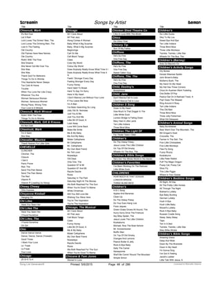 Title
Chesnutt, Mark
It's Not Over
Let It Rain
Lord Loves The Drinkin' Man, The
Lord Loves The Drinking Man, The
Lost In The Feeling
Old Country
Old Flames Have New Names
Ole Country
Rollin' With The Flow
She Dreams
She Never Got Me Over You
She Was
She Was
Thank God For Believers
Things To Do In Wichita
This Heartache Never Sleeps
Too Cold At Home
Trouble
When You Love Her Like Crazy
Wherever You Are
Woman Sensuous Woman
Woman, Sensuous Woman
Wrong Place, Wrong Time
Your Love Is A Miracle
Chesnutt, Mark Wvocal
Rollin' With The Flow
Things To Do In Wichita
Chesnutt, Mark, Gill & Krauss
It's Not Over
Chestnutt, Mark
I'm A Saint
She Was
Chevalier, Maurice
Thank Heaven For Little Girls
CHEVELLE
CLINCHER
Clincher, The
Closure
I Get It
Panic Prone
Red, The
Send The Pain Below
Send The Pain Below
The Red
Vitamin R
Vitamin R (Leading Us Along)
Chewy Chewy
Ohio Express
Cheyenne Kimball
Hanging On
Chi Lites
Have You Seen Her
Chi Lites The
Have You Seen Her
I Found Sunshine
Chi Lites, The
I Found Sunshine
Oh Girl
Chic
Dance Dance Dance
Dance, Dance, Dance (Yowsah)
Good Times
I Want Your Love
Le Freak
Le Freak
Your Love
Chicago
25 Or 6 To 4
Screamin Songs by Artist Demon
Title
Chicago
All I Care About
All That Jazz
Along Comes A Woman
Baby What A Big Surprise
Baby, What A Big Surprise
Beginnings
Call On Me
Cell Block Tango
Class
Color My World
Colour My World
Does Anybody Really Know What Time It I
Does Anybody Really Know What Time It
Is
Feelin’ Stronger Every Day
Feeling Stronger Every Day
Funny Honey
Hard Habit To Break
Hard To Say I'm Sorry
Here In My Heart
I Don't Wanna Live Without Your Love
If You Leave Me Now
I'm A Man
I've Been Searching So Long
Jolly Old St. Nicholas
Just You & Me
Just You And Me
Little Bit Of Good, A
Look Away
Love Will Come Back
Make Me Smile
Me & My Baby
Me And My Baby
Mister Cellophane
Mr Cellophane
Mr. Cellophane
My Own Best Friend
No Tell Lover
Nowadays
Old Days
Only One, The
Question 67 & 68
Question 67 And 68
Razzle Dazzle
Roxie
Saturday In The Park
Saturday Night At The Movies
We Both Reached For The Gun
When You're Good To Mama
White Christmas
Will You Still Love Me
Wishing You Were Here
You’re The Inspiration
You're The Inspiration
Chicago, The Musical
All I Care About
All That Jazz
Cell Block Tango
Class
Funny Honey
Little Bit Of Good, A
Me & My Baby
Mister Cellophane
My Own Best Friend
Nowadays
Razzle Dazzle
Roxie
We Both Reached For The Gun
When You're Good To Mama
Chicane & Tom Jones
Stoned In Love
Title
Chicken Shed Theatre Co
I Am In Love With The World
Chico
It's Chico Time
Chicory Tip
Son Of My Father
Chiffons
He's So Fine
One Fine Day
Chiffons, The
He's So Fine
One Fine Day
Sweet Talkin' Guy
Chiffons, The, The
He's So Fine
One Fine Day
Child, Destiny's
Bootylicious
Child, Jane
Don't Wanna Fall In Love
I Don't Wanna Fall In Love
Children S Song
Down In My Heart
How Much Is That Doggie In The
Little White Duck
London Bridge Is Falling Down
Mary Had A Little Lamb
Ten Little Indians
Three Blind Mice
Children The Light Of
For Those Tears I Died
Children’s
Do The Hokey Pokey
Jesus Loves The Little Children
On Top Of Old Smoky
Wheels On The Bus, The
Children’s Bible Songs
He's Got The Whole World In His Hands
Children’s Favorites
I've Been Working On The Railroad
Little White Duck
CHILDRENS
HOW MUCH IS THAT DOGGIE
LONDON BRIDGE
THREE BLIND MICE
Children's
A B C Song
Apples And Bananas
Clean Up
Do The Hokey Pokey
Do Your Ears Hang Low
Frere Jaques
Green Grass Grows All Aound, The
Hurry Hurry Drive The Firetruck
Itsy Bitsy Spider, The
Jesus Loves The Little Children
Kookaburra
Michael, Row The Boat Ashore
Mr. Knickerbocker
Muffin Man
On Top Of Old Smoky
Oranges And Lemons
Peanut Butter & Jelly
Rock-A-Bye Baby
Sally The Camel
Sarasponda
She'll Be Comin' Round The Mountain
Simple Simon
Title
Children's
Six Little Ducks
Skip To My Lou
Sweet Bye And Bye
Ten Little Indians
Three Blind Mice
Three Little Monkeys
Twinkle, Twinkle, Little Star
Wheels On The Bus, The
Children's (Barney)
Ants Go Marchin On
Children's Activity Songs
Dry Bones
Eensie Weensie Spider
John Brown's Baby
Mulberry Bush, The
My Hand On My Head
My Hat Has Three Corners
Once An Austrian Went Yodeling
One Bottle Of Pop
Peanut Sat On A Railroad Track, A
Pop! Goes The Weasel
Ring Around A Rosy
Ten Little Indians
This Old Man
Three Blind Mice
Three Jolly Fisherman
What Did Delaware
Children's Animal Songs
Baby Bumblebee
Bear Went Over The Mountain, The
Bill Grogan's Goat
Crocodile, The
Farmer In The Dell, The
Five Little Chickadees
Five Little Monkeys
Flea Fly Song
Fuzzy Wuzzy
Kookaburra
Little Peter Rabbit
Puff The Magic Dragon
Pussy Cat, Pussy Cat
Shoo Fly
This Little Piggie
Where Is Your Goose
Children's Bedtime Songs
All Night, All Day
All The Pretty Little Horses
All Through The Night
Braham's Lullaby
Bye Baby Bunting
German Lullaby
Hush A Bye
Hush Little Baby
Mozart's Lullaby
Rock A Bye Baby
Russian Cradle Song
Sleep, Baby Sleep
Taps
Ten In A Bed
Twinkle, Twinkle, Little Star
Wee Willie Winkle
Children's Bible Songs
Amazing Grace
Deep And Wide
Down By The Riverside
Down In My Heart
I'm Gonna Sing
I've Got A Feeling
Jacob's Ladder
Little Talk With Jesus, A
ofPrinted 5/6/2015 Page 48 Licensed to Marcello Adamo286Song List Generator®
 
