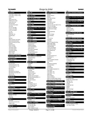 Title
Aerosmith
I Dont Want To Miss A Thing
I Don't Want To Miss A Thing
It's Amazing
Jaded
Janie S Got A Gun
JANIES GOT A GUN
Janie's Got A Gun
Just Push Play
Just Push Play (Clean)
Last Child
Livin' On The Edge
Living On The Edge
Love In An Elevator
Luv Lies
Mama Kin
Other Side, The
Pandora's Box
Pink
Rag Doll
Same Old Song And Dance
Same Old Song & Dance
Same Old Song And Dance
Sunshine
Sweet Emotion
Toys In The Attic
Train Kept A Rollin'
Train Kept A Rollin¹
Train Kept A Rolling
Walk This Way
What It Takes
What Kind Of Love Are You On
Aerosmith & Run Dmc
Walk This Way
Afewgoodmen
Have I Never
Afi
Girl's Not Grey
Leaving Song (Pt 2), The
Leaving Song (Pt. 2), The
Love Like Winter
Miss Murde
Miss Murder
Miss Murder (Cd Version)
Miss Murder (Pop Radio Mix)
Silver & Cold
Silver And Cold
Afi (Vocal)
Love Like Winter
Afi W-Vocal
Miss Murder
Africa
Hold The Line
Toto
Africa, King
Cachete Pechito Y Ombligo
Afro Man
Colt 45
Afroman
Because I Got High
COLT 45
Crazy Rap
After 7
Can't Stop
How Do You Tell The One
Ready Or Not
Til You Do Me Right
After All
Cetera, Peter & Cher
Screamin Songs by Artist Demon
Title
After All
Jarreau, Al
After The Fire
Der Kommissar
After The Music Fades
Groves, Shaun
Afters
Beautiful Love
Afters, The
Beautiful
Against All Odds (Take A Look
At Me Now)
Collins, Phil
Agata
Perfume De Mulher
Agnes
Release Me
Aguilar, Alfredo
Ojos Tristes
Aguilar, Antonio
Adios Madre Querida
Carabina 30 30
Copitas De Mezcal
El Hijo Desobediente
Gabino Barrera
Por El Amor A Mi Madre
Triste Recuerdo
Ya Viene Amaneciendo
Yo El Aventurero
Aguilar, Freddie
Ang Umaayaw Ay 'Di Nagwawagi
Estudyante Blues
Katarungan
Segarilyo
Aguilar, Homero
El Botones
El Nido
Mi Razon
Aguilar, Pepe
A Pierna Suelta
Almohada
Corazon Esteril
Directo Al Corazon
Esclavo Y Amo
Más Alto Que Las Águilas
Me Estoy Acostumbrando A Ti
Me Falta Valor
Me Vas A Extranar
Miedo
Perdoname
Por Mujeres Como Tu
Por Una Mujer Bonita
Que Sepan Todos
Salado
Aguile, Luis
Ciudad Solitaria
Morenita
Aguilera & Pink & Mya & Lil'
Kim
Lady Marmalade
Aguilera Chris
Beautiful
Lady Marmalade
Aguilera, Christina
Aint No Other Man
Ain't No Other Man
Back To Basics
Back To Basics W-Vocal
Title
Aguilera, Christina
Beautiful
Beautiful (Remix)
Blessed
Can’t Hold Us Down
Candy Man
Candyman
Can't Hold Us Down
Come On Over
Come On Over (All I Want Is You)
Come On Over Baby
Contigo En La Distancia
Cuando No Es Contigo
Dirrty
Falsas Esperanzas
Fighter
Genie In A Bottle
Genio Atrapado
Hurt
I Turn To You
Impossible
Infatuation
Keep On Singing My Song
Keeps Gettin' Better
Keeps Getting Better
Lady Marmalade
Love For All Seasons
Love Will Find A Way
Nasty Naughty Boy
Obvious
Oh Mother
Ovbious
Pero Me Acuerdo De Ti
Por Siempre Tu
Reflection
Si No Te Hubiera Conocido
So Emotional
Soar
Somebody's Somebody
The Voice Within
Una Mujer
Ven Conmigo
Ven Conmigo (Solamente Tu)
Voice Within
Voice Within, The
Voice Within', The
Walk Away
We're A Miracle
What A Girl Wants
What A Girl Wants (Radio Version)
When You Put Your Hands On Me
Aguilera, Christina & Lil Kim
Can't Hold Us Down
Aguilera, Christina & Lil' Kim
Can't Hold Us Down
Aguilera, Christina & Lil Kim &
Mya & Pink
Lady Marmalade
Aguilera, Christina & Lil' Kim &
Mya & Pink
Lady Marmalade
Aguilera, Christina & Luis
Fonsi
Si No Te Hubiera Conocido
Aguilera, Christina & Missy
Elliott
Car Wash
Aguilera, Christina & Pink &
Mya & Lil' Kim
Lady Marmalade
Title
Aguilera, Christina & Redman
Dirrty
Dirrty
Aguilera, Christina And Ricky
Martin
Nobody Wants To Be Lonely
Aguilera, Christina Feat Missy
Elliot
Car Wash
Aguilera, Christina Wvocal
Candyman
Genie In A Bottle
Nasty Naughty Boy
Reflection
Aguilera, Christina W-Vocal
Ain't No Other Man
Hurt
I Turn To You
Aguilera, Christina Wvocals
Hurt
Aguilera, Christina, Lil' Kim,
Mya & Pink
Lady Marmalade
Aguilera, Christina, Pink, Mya
Lady Marmalade
Aguilera, Christina, Pink, Mya
& Lil' Kim
Lady Marmalade
Ah Ha
Take On Me
Aha
Dark Is The Night For All
Hunting High & Low
Livingdaylights, The
Take On Me
A-Ha
Take On Me
Ahanti
Dont Leave Me Alone
Aida
Written In The Stars
Aiken Clay
Invisible
This Is The Night
Aiken, Clay
A Thousand Days
Bridge Over Troubled Water
First Noel, The
I Will Carry You
Invisible
On My Way Here
Solitaire
Solitare
This Is The Night
Way, The
Aiken, Clay Wvocal
On My Way Here
AIKEN,CLAY
INVISIBLE
THIS IS THE NIGHT
Ainsley
Keep Me A Secret
Ain't Misbehavin'
I've Got A Feeling I'm Falling
Your Feet's Too Big
ofPrinted 5/6/2015 Page 5 Licensed to Marcello Adamo286Song List Generator®
 