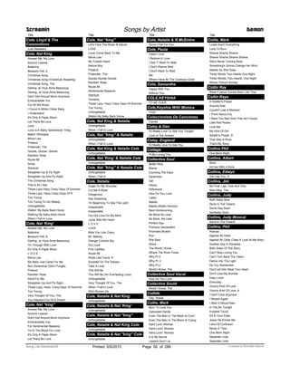 Title
Cole, Lloyd & The
Commotions
Lost Weekend
Cole, Nat King
Answer Me, My Love
Autumn Leaves
Ballerina
Blossom Fell, A
Christmas Song
Christmas Song (Chestnuts Roasting)
Christmas Song, The
Darling Je Vous Aime Beaucoup
Darling, Je Vous Aime Beaucoup
Don't Get Around Much Anymore
Embraceable You
For All We Know
I Found A Million Dollar Baby
I Understand
It's Only A Paper Moon
Let There Be Love
Love
Love Is A Many Splendored Thing
Makin' Whoopee
Mona Lisa
Pretend
Pretender, The
Quizas, Quizas, Quizas
Ramblin' Rose
Route 66
Smile
Stardust
Straighten Up & Fly Right
Straighten Up And Fly Right
The Christmas Song
This Is All I Ask
Those Lazy Hazy Crazy Days Of Summer
Those Lazy, Hazy Crazy Days Of S
Too Young
Too Young To Go Steady
Unforgettable
Walkin' My Baby Back Home
Walking My Baby Back Home
When I Fall In Love
Cole, Nat 'King'
Answer Me, My Love
Ballerina
Blossom Fell, A
Darling, Je Vous Aime Beaucoup
I'm Through With Love
It's Only A Paper Moon
L-O-V-E
Mona Lisa
My Baby Just Cares For Me
Non Dimenticar (Don't Forget)
Pretend
Ramblin' Rose
Send For Me
Straighten Up And Fly Right
Those Lazy, Hazy, Crazy Days Of Summer
Too Young
Very Thought Of You, The
You Stepped Out Of A Dream
Cole, Nat ''king''
Answer Me, My Love
Autumn Leaves
Don't Get Around Much Anymore
Embraceable You
For Sentimental Reasons
I'm In The Mood For Love
It's Only A Paper Moon
Let There Be Love
Screamin Songs by Artist Demon
Title
Cole, Nat ''king''
Let's Face The Music & Dance
LOVE
Lover Come Back To Me
Mona Lisa
My Foolish Heart
Nature Boy
Pretend
Pretender, The
Quizas Quizas Quizas
Ramblin' Rose
Route 66
Sentimental Reasons
Stardust
Tenderly
Those Lazy, Hazy Crazy Days Of Summer
Too Young
Unforgettable
Walkin My Baby Back Home
Cole, Nat King & Natalie
Unforgettable
When I Fall In Love
Cole, Nat ''king'' & Natalie
Unforgettable
When I Fall In Love
Cole, Nat King & Natalie Cole
Unforgettable
Cole, Nat 'King' & Natalie Cole
Unforgettable
Cole, Nat ''king'' & Natalie Cole
Unforgettable
When I Fall In
Cole, Natalie
Angel On My Shoulder
Cry Me A River
Dangerous
Day Dreaming
I'm Beginning To See The Light
Inseparable
Inseperable
I've Got Love On My Mind
Jump Start My Heart
L O V E
LOVE
Miss You Like Crazy
Mr. Melody
Orange Colored Sky
Our Love
Pink Cadillac
Route 66
Smile Like Yours, A
Snowfall On The Sahara
Take A Look
This Will Be
This Will Be (An Everlasting Love)
Unforgettable
Very Thought Of You, The
When I Fall In Love
Wild Women Do
Cole, Natalie & Nat King
Unforgettable
Cole, Natalie & Nat 'King'
Unforgettable
Cole, Natalie & Nat ''king''
Unforgettable
Cole, Natalie & Nat King Cole
Unforgettable
Cole, Natalie & Nat ''king'' Cole
Unforgettable
Title
Cole, Natalie & R.McEntire
Since I Fell For You
Cole, Paula
Feelin' Love
I Believe In Love
I Don`T Want To Wait
I Don't Wanna Wait
I Don't Want To Wait
Me
Where Have All The Cowboys Gone
Cole, Samantha
Happy With You
Without You
COLE,KEYSHIA
TO BE OVER
Cole,Keyshia With Monica
Trust
Coleccionista De Canciones
Camila
Coley & Dan
I'd Really Love To See You Tonight
Love Is The Answer
Coley, England
I'd Really Love To See You
Collage
I'll Be Loving You
Collective Soul
Better Now
Blame
Counting The Days
December
Gel
Heavy
Hollywood
How Do You Love
Listen
Needs
Needs (Radio Version)
Next Homecoming
No More No Less
No More, No Less
Perfect Day
Precious Declaration
Promises Broken
Run
She Said
Shine
The World I Know
Where The River Flows
Why Pt 2
Why Pt. 2
Why Pt.2
World I Know, The
Collective Soul Vocal
How Do You Love
Collective Sould
World I Know, The
Collide
Day, Howie
Collie, Mark
Born To Love You
Calloused Hands
Even The Man In The Moon Is Cryin'
Even The Man In The Moon Is Crying
Hard Lovin Woman
Hard Lovin' Woman
Hard Lovin’ Woman
It Is No Secret
Lipstick Don't Lie
Title
Collie, Mark
Looks Aren't Everything
Love To Burn
Shame Shame Shame
Shame Shame Shame Shame
She's Never Coming Back
Something's Gonna Change Her Mind
Steady As She Goes
Three Words Two Hearts One Night
Three Words, Two Hearts, One Night
Where There's Smoke
Collin Ray
What If Jesus Comes Back Like That
Collin Raye
A Soldier's Prayer
Anyone Else
Couldn't Last A Moment
I Think About You
I Want You Bad (And That Ain't Good)
Little Red Rodeo
Love Me
My Kind Of Girl
Soldier's Prayer, A
That Was A River
That's My Story
Collins Phil
One More Night
Collins, Albert
Brick
Hit Her With A Brick
Collins, Edwyn
Girl Like You, A
Collins, Jim
My First, Last, One And Only
Next Step, The
Collins, Judy
Both Sides Now
Send In The Clowns
Some Day Soon
Someday Soon
Collins, Judy Wvocal
Send In The Clowns
Collins, Phil
Abacab
Against All Odds
Against All Odds (Take A Look At Me Now)
Another Day In Paradise
Both Sides Of The Story
Can't Stop Loving You
Can't Turn Back The Years
Dance Into The Light
Do You Remember
Don't Let Him Steal Your Heart
Don't Lose My Number
Easy Lover
Everyday
Groovy Kind Of Love
Groovy Kind Of Love, A
I Don't Care Anymore
I Missed Again
I Wish It Would Rain
In The Air Tonight
Invisible Touch
It's In Your Eyes
Jesus He Knows Me
Land Of Confusion
Never A Time
One More Night
Separate Lives
Seperate Lives
ofPrinted 5/6/2015 Page 56 Licensed to Marcello Adamo286Song List Generator®
 