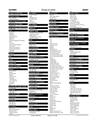Title
Enrique, Luis W-Vocal
Tu No Le Amas Le Temes
Enriquez, Jocelyn
Do You Miss Me
Little Bit Of Ecstasy, A
Entre L'ombre Et La Lumiere
Carmen Marie
Enur & Natasja & Mims
Calabria 2008
Enur & Natasja & Mims Wvocal
Calabria 2008
Enya
Amarantine
Anywhere
Anywhere Is
Hope Has A Place
Marble Halls
May It Be
May It Be (Fellowship Of The Rings)
Only If
Only Time
Only Time (2001 Radio Mix)
Orinoco Flow
Orinoco Flow (Sail Away)
Paint The Sky With Stars
Silent Night
Wild Child
Epidemic
Walk Away
Epro
Beck
Equals
Baby Come Back
Equals, The
Baby Come Back
Erasmo, Juan Mochi
Un Sorbito De Champagne
Erasure
A Little Respect
Always
Blue Savannah
Breathe
Chains Of Love
In My Arms
Little Respect, A
Love To Hate You
Oh L'Amour
Sometimes
Stop
Erenchu, Mike Diego Vasallo
En Algun Lugar
Eric Benet
I Wanna Be Love
Pretty Baby
Eric Burdon & War
Spill The Wine
Eric Carmen
All By Myself
Eric Church
Guys Like Me
How 'Bout You
Two Pink Lines
Eric Clapton
After Midnight
Before You Accuse Me
BELIEVE IN LIFE
Change The World
Cocaine
Screamin Songs by Artist Demon
Title
Eric Clapton
I Shot The Sheriff
Layla
Motherless Child
My Father's Eyes
Pilgrim
So Far Away
Wonderful Tonight
Eric, Clapton
Crossroads
ERIKA JO
I BREAK THINGS
ERNEST TUBB
ITS BEEN SO LONG DARLING
Letters Have No Arms
Slipping Around
SOLDIERS LAST LETTER
Waltz Across Texas
Ernie
Rubber Duckie
Ernie K Doe
Mother In Law
Mother-In-Law
Eros Ramazzotti
Fuego En El Fuego
Errol Dunkley
Ok Fred
Erykah Badu
Bag Lady (Radio Version)
Erykah Badu & Common
Love Of My Life (An Ode To Hip
Hop)(Radio Version)
Escalante, Bituin
Kung Ako Na Lang Sana
Escape
Arms Of The One Who Loves You, The
Escape Club, The
Wild, Wild West
Wild, Wild, West
Esmeralda, Santa
Don't Let Me Be Misunderstood
Espacio Sideral
Jesse & Joy
Esparsa, Guadalupe
El Golpe Traidor
Esparza, Jose Guadalupe
Sergio El Bailador
Esperon, Manuel
Yo Soy Mexicano
Espina, Tony
Balik Intawon Akong Pinangga
Nagbasol Ako
Walog Sa Luha
Espiniza, Raymundo &
Edimonsa
Muchachita Consentida
Esquires
And Get Away
Get On Up
Esquires, The
Get On Up
Essex
Easier Said Than Done
Essex, David
Gonna Make You A Star
Hold Me Close
Title
Essex, David
Rock On
Silver Dream Machine
Winters Tale, A
Winter's Tale, A
Essex, The
Easier Said Than Done
Esta Noche
Jose Alfredo Jimenez
Esteban, Jossie
A Cambio De Que (Merengue)
Estefan Gloria
Bad Boys
Estefan Jr. & Velazquez
No A Pedir Perdon
Estefan, Gloria
1 2 3
123
1-2-3
1234
Always Tomorrow
Anything For You
Bad Boy
Bad Boys
Betcha Say That
Can't Stay Away From You
Coming Out Of The Dark
Como Duele Perderte
Con Los Anos Que Me Quedan
Con Los Años Que Me Quedan
Conga
Conga (Uk)
Cut Both Ways
Cuts Both Ways
Cuts Both Ways (Uk)
Don't Wanna Lose You
Don't Wanna Lose You Now
Don't Wanna Lose You Now (Uk)
Don't Want To Lose You Now
Ever Lasting Love
Everlasting Love
Falling In Love (Uh Oh)
Get On Your Feet
Get On Your Feet (Uk)
Heaven's What I Feel
Here We Are
Here We Are (Uk)
Higher
Hold Me Thrill Me Kiss Me
Hoy
I Can See You Smile
I Don't Wanna Lose You
I Knew You When
I See Your Smile
If We Were Lovers
It's Too Late
Live For Loving You
Mas Alla
Mi Buen Amor
Mi Tierra
Nayib's Song
No Me Vuelvo A Enamorar
No Sera Facil
Oye Mi Canto
Puedes Llegar
Reach
Regresa A Mi
Renacer
Rhythm Is Gonna Get You
Rhythm Is Gonna Get You (Uk)
Title
Estefan, Gloria
Santo, Santo
Seal Our Fate
Sex In The 90s
Si Voy A Perdete
Tu Fotografia
Turn The Beat Around
Words Get In The Way
You Can't Walk Away From Love
You'll Be Mine
You'll Be Mine (Party Time)
Estefan, Gloria & Miami Sound
Machine
1-2-3
Anything For You
Estefan, Gloria & N Sync
Music Of My Heart
Estefan, Gloria & So Pra
Contrariar
Santo Santo
Estefan, Gloria & The Miami
Sound Machine
Anything For You
Can't Stay Away From You
Estefano
Cupido
Desesperadamente Sola
El Ultimo Adios
Sexy Dance
Estelle
No Substitute Love
Estelle & Kanye West
American Boy
Estelle & Kanye West Wvocal
American Boy
Esther & Abi Of Arim
Cinderella Rockafella
Estopa
Como Camarón
Me Falta El Aliento
Vino Tinto
Estrada
A Partir De Hoy
Estrada, H.
Si He Sabido Amor
Sin Verte
Eternal
Angel Of Mine
Good Thing
I Am Blessed
I Wanna Be The Only One
I Want To Be The Only One
Just A Step From Heaven
Power Of A Woman, The
Stay
Etheridge, Melissa
All American Girl
An Unusual Kiss
Angels Would Fall
Breathe
Bring Me Some Water
Chrome Plated Heart
Come To My Window
Enough Of Me
I Need To Wake Up
I Run For Life
I Want To Be In Love
I Want To Come Over
ofPrinted 5/6/2015 Page 82 Licensed to Marcello Adamo286Song List Generator®
 