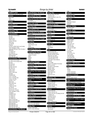 Title
EVERETT,JACE
THATS THE KIND OF LOVE IM IN
Everlast
Black Jesus
Ends
What It's Like
Everlife
Go Figure
Everlife Wvocal
Go Figure
Everlong
Foo Fighters
Everly Bros, The
Bye Bye Love
Everly Brothers
All I Have To Do Is Dream
Bird Dog
Bye Bye Love
Cathy's Clown
Crying In The Rain
Ebony Eyes
Let It Be Me
Problems
So Sad (To Watch Good Love Go Bad)
Take A Message To Mary
That's Old Fashioned (That's The Way It
Should Be)
Til I Kissed You
Till I Kissed Ya
Wake Up Little Susie
Walk Right Back
When Will I Be Loved
Everly Brothers, The
All I Have To Do Is Dream
All I Have To Do Is Dream Duet
Bird Dog
Bird Dog Duet
Bye Bye Love
Bye Bye Love Duet
Bye, Bye Love
Cathy S Clown
Cathy's Clown
Cathy's Clown Duet
Claudette
Claudette Duet
Cryin' In The Rain
Cryin' In The Rain Duet
Crying In The Rain
Devoted To You
Ebony Eyes
Ebony Eyes Duet
I Kissed You
I Kissed You Duet
Let It Be Me
Price Of Love, The
Price Of Love, The Duet
Take A Message To Mary
Temptation
Temptation Duet
Til I Kissed You
Till I Kissed Ya
Till I Kissed You
Wake Up Little Susie
Wake Up Little Susie Duet
Wake Up Little Suzie
Walk Right Back
Walk Right Back Duet
When Will I Be Loved
When Will I Be Loved Duet
Screamin Songs by Artist Demon
Everly Brothers, The Wvocal
Title
Everly Brothers, The Wvocal
Bye Bye Love
Every Breath You Take
Police, The
Every Girl Can Be A Princess
Princesses
Princesses Wvocal
Every Little Thing
Carter, Carlene
Every Morning
Sugar Ray
Every Mother's Son
Come On Down To My Boat
Every Woman In The World
Air Supply
Everybody (Backstreet's Back)
Backstreet Boys
Everybody Have Fun Tonight
Chung, Wang
Everything
Dobson, Fefe
Good Thing St. Lucia
Hooch
Michael Buble
Everything About You
G25767
Everything But The Girl
I Don't Want To Talk About It
Lullaby Of Clubland
Missin
Missing
Single
Wrong
Everything Changes
Staind Wvocal
Everything I Do, I Do It For You
Adams, Bryan
Everything I Own
Bread
Everything That Glitters (Is Not
Gold)
Seals, Dan
Everything You Want
Vertical Horizon
Everything's Coming Up
Roses
Merman, Ethel
Everything's Magic
Angels & Airwaves
Everytime
Britney Spears
Everytime I Look At You
Il Divo
Everywhere
McGraw, Tim
Evetts, Hayley
That Old Devil Called Love Again
Evil Woman
Elo
Evita
Don’t Cry For Me Argentina
Don't Cry For Me Argentina
Ewing, Skip
Answer To My Prayer
Burnin' A Hole In My Heart
Title
Ewing, Skip
Burning A Hole In My Heart
Christmas Carol
Gospel According To Luke, The
It's You Again
Mary Go Round
Excellents
Coney Island Baby
Except For Monday
Morgan, Lorrie
Excesso
Eu Sou Aquele
Não Sei Viver Sem Ti
Exciters, The
Tell Him
Ex-Girlfriend
No Doubt
Exhale
Still Not Over You
Exies
My Goddess
Exies, The
Kickout
My Goddess
Ugly
Exile
Crazy For Your Love
Feel Like Fooling Around
Give Me One More Chance
Hang Onto Your Heart
I Can't Get Close Enough
I Could Get Used To You
I Don't Want To Be A Memory
It'll Be Me
It's You Again
Keep It In The Middle Of The Road
Kiss You All Over
My Heart's In Good Hands
Nobody's Talkin'
Nobody's Talking
She's A Miracle
Super Duper Love
Super Love
Woke Up In Love
Yet
Explosion, The
Here I Am
Expose
Come Go With Me
Exposed To Love
I'll Never Get Over You
Seasons Change
What You Don't Know
Expose'
Come Go With Me
I'll Never Get Over You
I'll Never Get Over You Getting Over Me
In Walked Love
Let Me Be The One
Point Of No Return
Seasons Change
Tell Me Why
When I Looked At Him
Expose (Vocal)
Come Go With Me
Extreme
Get The Funk Out
Hole Hearted
Title
Extreme
More Than Words
Extremes, The
More Than Words
F.Aguilar
Larawan
Mga Bata Sa Negros
Mindanao
Sigarilyo
Fabares, Shelley
20 Johnny Angel
Johnny Angel
Faberes, Shelly
Johnny Angel
Fabian
Tiger
Turn Me Loose
Fabian, Lara
Adagio (English)
Adagio (Italian)
Broken Vow
Givin' Up On You
I Am Who I Am
I Will Love Again
I Will Love You Again
Je T'aime
Love By Grace
Part Of Me
Till I Get Over You
To Love Again
Yeliel (My Angel)
You Are My Heart
You're Not From Here
Fabian, Laura
Love By Grace
Fabolour, Mike Shorey
Baby
Fabolous
Baby
Breathe
Young'n
Young'n (Holla Back)
Young'n (Holla Back)
Fabolous & Ashanti
Into You
Into You (Radio Version)
Fabolous & Keri Hilson & Ryan
Leslie
Everything, Everyday, Everywhere
Fabolous & Keri Hilson & Ryan
Leslie Wvocal
Everything, Everyday, Everywhere
Fabolous & Mike Shorey & Lil'
Mo
Can't Let You Go
Fabolous & Ne Yo
Make Me Better
Fabolous & Ne-Yo (Vocal)
Make Me Better
Fabolous & P. Diddy & Jagged
Edge
Trade It All Part 2
Fabolous & Puff Daddy &
Jagged Edge
Trade It All
Fabolous & Tamia
Into You
ofPrinted 5/6/2015 Page 84 Licensed to Marcello Adamo286Song List Generator®
 
