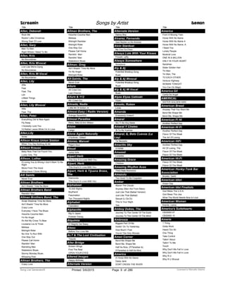 Title
Allen, Deborah
Rock Me
Rockin' Little Christmas
Wrong Side Of Love
Allen, Gary
Man To Man
Right Where I Need To Be
Allen, Kris
No Boundaries
Allen, Kris Wvocal
Live Like We're Dying
No Boundaries
Allen, Kris W-Vocal
No Boundaries
Allen, Lily
Alfie
Fear
Fear, The
Ldn
Littlest Things
Smile
Allen, Lily Wvocal
Alfie
Fear, The
Allen, Peter
Everything Old Is New Again
Fly Away
I Honestly Love You
I'd Rather Leave While I'm In Love
Allen,Lily
Smile
Allison Kraus Union Station
When You Say Nothing At All
Allison Krauss
Baby Now That I've Found You
Lucky One, The
Allison, Luther
If Loving You Is Wrong I Don't Want To Be
Right
Move From The Hood
What Have I Done Wrong
Alll Saints
Never Ever
Allman Brothers
Ain’t Wastin’ Time No More
Allman Brothers Band
Ramblin' Man
Allman Brothers Band, The
Ainæt Wastinæ Time No More
Ain't Wastin' Time No More
Crazy Love
Everyday I Have The Blues
Hoochie Coochie Man
I'm No Angel
It's Not My Cross To Bear
Louisana Lou & Three
Melissa
Midnight Rider
No One To Run With
One Way Out
Please Call Home
Ramblin' Man
Rambling Man
Statesboro Blues
Stormy Monday Blues
Whipping Post
Allman Brothers, The
Crazy Love
Screamin Songs by Artist Demon
Title
Allman Brothers, The
Hoochie Coochie Man
Melissa
Midnight Rambler
Midnight Rider
One Way Out
Please Call Home
Ramblin Man
Ramblin' Man
Statesboro Blues
Allman, Greg
Ain't Wastin' Time No More
I'm No Angel
Midnight Rider
All-Saints, The
Never Ever
Allure
All Cried Out
Last Chance
Allure & 112
All I Cried Out
Almada, Nadia
Little Bit Of Action, A
Almost Easy ( Radio Version)
Avenge Sevenfold
Almost Paradise
Reno, Mike & Ann Wilson
Alone
Lasgo
Alone Again Naturally
O'sullivan, Gilbert
Alonso, Manuel
Pajaro Azul
Aloud
Jump Girls
Alpert Herb
This Guy S In Love With You
Alpert, Herb
This Guy's In Love With You
Alpert, Herb & Tijuana Brass,
The
Diamonds
This Guy's In Love With You
Alphabeat
10,000 Nights
Boyfriend
Fascination
Ten Thousand Nights
Alphabet
Fasination
Alphaville
Big In Japan
Forever Young
Alquimia
El Negrito Del Batey
Alsou
Before You Love Me
ALT & The Lost Civilisation
Tequila
Alter Bridge
Broken Wings
Find The Real
OPEN YOUR EYES
Altered Images
Happy Birthday
Alternate Version
Title
Alternate Version
Danny Boy
Alvarez, Fernando
Que Noche La De Anoche
Alvin Stardust
My Coo Ca Choo
Always Late With Your Kisses
Frizzell, Lefty
Always Somewhere
Scorpions
Aly & Aj
Potential Breakup Song
Rush
Aly & Aj Wvocal
Potential Breakup Song
Rush
Aly & Aj W-Vocal
Rush
Alyze Elyse Celinski
Oooh...
Amado, Ruben
Linda
Amanda
Everybody Doesn't
Amaral
Sin Ti No Soy Nada
Amaral Y Chetes
Si Tu No Vuelves
Amaral, &, Beto Cuevas (La
Ley)
Te Necesito
Amarillo Sky
G18386
Amazed
Lonestar
Amazing Grace
Children
Amazing Rhythm Aces
Third Rate Romance
Amazulu
Too Good To Be Forgotten
Amber
Above The Clouds
Anyway (Men Are From Mars)
Just Like That (Ballad Version)
Just Like That (Ballad)
Sexual (Li Da Di)
This Is Your Night
Yes
Amboy Dukes, The
Journey To The Center Of The Earth
Journey To The Center Of The Mind
Ambrosia
Biggest Part Of Me
Holdin' On To Yesterday
How Much I Feel
You're The Only Woman
Amen Corner
Bend Me Shape Me
Bend Me, Shape Me
Half As Nice, (If Paradise Is)
If Paradise Is Half As Nice
America
A Horse With No Name
Daisy Jane
DONT CROSS THE RIVER
Title
America
From A Moving Train
Horse With No Name
Horse With No Name A
Horse With No Name, A
I Need You
Lonely People
Muskrat Love
ONE IN A MILLION
ONLY IN YOUR HEART
Sandman
Sister Golden Hair
Tin Man
Tin Man, The
TO EACH OTHER
Ventura Highway
WOMAN TONIGHT
You Can Do Magic
America Gil
Carita De Angel
AMERICAL
SISTER GOLDEN HAIR
American Breed
Anyway That You Want Me
Bend Me Shape Me
Bend Me, Shape Me
American Fi Hi
Another Perfect Day
American Hi Fi
Another Perfect Day
Flavor Of The Weak
The Art Of Losing
American HiFi
Another Perfect Day
Art Of Losing, The
Flavor Of The Weak
Flavor Of The Week
American Hi-Fi
Flavor Of The Weak
Flavor Ot The Weak
American Honky-Tonk Bar
Association
Brooks, Garth
American Idiot
Green Day
American Idol Finalists
God Bless The U.S.A.
God Bless The Usa
What The World Needs Now Is Love
American Woman
Kravitz, Lenny
America's Suitehearts
CB30093 07
CB30093 15
Amerie
1 Thing
Gotta Work
Heard 'Em All
One Thing
Take Control
Talkin' About
Talkin' To Me
Touch
Why Don't We Fall In Love
Why Don't We Fall In Love
Why R U
Why R U Wvocal
ofPrinted 5/6/2015 Page 9 Licensed to Marcello Adamo286Song List Generator®
 