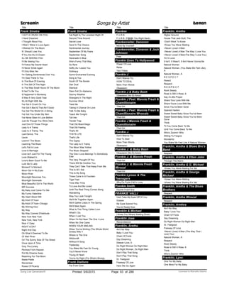 Title
Frank Sinatra
I GOT A CRUSH ON YOU
I Have Dreamed
I Thought About You
I Wish I Were In Love Again
I Wished On The Moon
If I Should Lose You
If You Are But A Dream
ILL BE SEEING YOU
I'll Be Seeing You
I'll Follow My Secret Heart
I'll Never Smile Again
I'll Only Miss Her
I'm Getting Sentimental Over You
I'm Glad There Is You
In The Blue Of Evening
In The Still Of The Night
In The Wee Small Hours Of The Morni
It Had To Be You
It Happened In Monterey
It Was A Very Good Year
It's All Right With Me
I've Got A Crush On You
I've Got It Bad & That Ain't Good
I've Got The World On A String
I've Got You Under My Skin
I've Never Been In Love Before
Just As Though You Were Here
Just One Of Those Things
Lady Is A Tramp
Lady Is A Tramp, The
Last Dance, The
Laura
Learnin' The Blues
Learning The Blues
Let's Fall In Love
Love & Marriage
Love Isn't Just For The Young
Love Walked In
Love's Been Good To Me
Luck Be A Lady
Moment To Moment
Moon Got In My Eyes
Moon River
Moonlight Becomes You
Moonlight Serenade
Most Beautiful Girl In The World
MR Success
My Baby Just Cares For Me
My Funny Valentine
My Heart Stood Still
My Kind Of Town
My Kind Of Town Chicago
My Shining Hour
My Way
My Way Comme D'habitude
New York New York
New York, New York
Nice 'n' Easy
NIGHT & DAY
Night And Day
Oh What It Seemed To Be
Ol' Man River
On The Sunny Side Of The Street
Once Upon A Time
Only The Lonely
Pennies From Heaven
Put My Dreams Away
Reaching For The Moon
Reete Petite
Remember
Roses Of Picardy
Screamin Songs by Artist Demon
Title
Frank Sinatra
Sat Night Is The Loneliest Night Of
Second Time Around
Secret Love
Send In The Clowns
Sentimental Journey
September Of My Years
September Song
Serenade In Blue
She's Funny That Way
So Rare
Softly As I Leave You
Soliloquy
Some Enchanted Evening
Song Is You
South Of The Border
Star Dust
Stardust
Stars Fell On Alabama
Stormy Weather
Strangers In The Night
Summer Wind
Take Me
Taking A Chance On Love
Talk To Me Baby
Teach Me Tonight
Tell Her
Tender Trap
That Old Black Magic
That Old Feeling
That's All
THATS LIFE
That's Life
The Gypsy
The Lady Is A Tramp
The Moon Was Yellow
The Music Stopped
The One I Love Belongs To Somebody
Else
The Very Thought Of You
There Will Be Another You
They Can't Take That Away From Me
This Is All I Ask
This Is My Song
Three Coins In A Fountain
Tiger Feet
Time After Time
To Love And Be Loved
Until The Real Thing Comes Along
Wandering
Way You Look Tonight
We'll Be Together Again
We'll Gather Lilacs In The Spring
We'll Meet Again
What Is This Thing Called Love
What'll I Do
When I Lost You
When I'm Not Near The One I Love
When No One Cares
WHEN YOUR SMILING
When You're Smiling (The Whole World
Smiles With Y
Where Is The One
Witchcraft
Without A Song
Yesterday
You Make Me Feel So Young
You'll Never Know
Young At Heart
You're So Right (For What's Wrong)
Frank Stallone
Far From Over
Title
Frankee
F.U.R.B.
F.U.R.B. (F@@k You Right Back)
Frankenreiter, Danovon
Move By Yourself
Frankenreiter, Donavon & Jack
Johnson
Free
Frankie Goes To Hollywood
Power Of Love
Relax
Two Tribes
Frankie J
Don't Wanna Try
HOW TO DEAL
More Than Words
Obsession
Frankie J & Baby Bash
Obsession (No Es Amor)
Frankie J Feat. Mannie Fresh &
Chamillionaire
That Girl
Frankie J Feat. Mannie Fresh &
Chamillionaire Wvocals
That Girl
Frankie J Mannie Fresh &
Chamillionaire
That Girl
Frankie J.
Don't Wanna Try
How To Deal
More Than Words
Obsession
Frankie J. & Baby Bash
Obsession (No Es Amor)
Frankie J. & Mannie Fresh
That Girl
Frankie J. & Mannie Fresh
Wvocal
That Girl
Frankie Lymon & The
Teenagers
Why Do Fools Fall In Love
Frankie Smith
Double Dutch Bus
FRANKIE VALLI
Cant Take My Eyes Off Of You
Grease
My Eyes Adored You
You're Ready Now
Franklin & Michael
I Knew You Where Waiting (Duet)
Franklin Jose
Reconciliacion
Franklin, Aretha
Ain't No Way
Baby I Love You
Chain Of Fools
Day Dreaming
Deeper Love, A
Do Right Woman Do Right Man
Do Right Woman, Do Right Man
Don’t Play That Song
Don't Play That Song
Dr. Feelgood
Freeway Of Love
Here We Go Again
Title
Franklin, Aretha
Higher Ground
House That Jack Built, The
I Don't Want To Know
I Knew You Were Waiting
I Never Loved A Man
I Never Loved A Man The Way I Love You
I Never Loved A Man(The Way I Love You)
I'm In Love
It Isn't, It Wasn't, It Ain't Never Gonna Be
Natural Woman
Natural Woman, (You Make Me Feel Like),
A
Natural Woman, A
R E S P E C T
Resect
Respect
R-E-S-P-E-C-T
Rock Steady
Rose Is Still A Rose, A
Say A Little Prayer
Share Your Love With Me
Share Youre Love With Me
Since You've Been Gone
Spanish Harlem
Sweet Sweet Baby Since You've Been
Sweet Sweet Baby Since You've Been
Gone
Think
Til You Come Back To Me
Until You Come Back To Me
Who's Zoomin' Who
Willing To Forgive
Wonderful
You Make Me Feel Like A Natural Woman
Franklin, Aretha & Blues Bro's
Band
Respect
Franklin, Aretha & Elton John
Through The Storm
Franklin, Aretha & G. Michael
I Knew You Were Waiting For Me
Franklin, Aretha & George
Michael
I Knew You Were Waiting
I Knew You Were Waiting For Me
Franklin, Aretha & The Blues
Brothers
Respect
Franklin, Aretha Wvocal
Respect
Franklin, Arethra
Ain't No Way
Baby I Love You
Chain Of Fools
Day Dreaming
Do Right Woman Do Right Man
Dr. Feelgood
Freeway Of Love
I Never Loved A Man (The Way That I
Love You)
Natural Woman, A
Respect
Rock Steady
Rose Is Still A Rose, A
Think
Who's Zoomin' Who
Franklin, Lynn
One For My Baby
One More For My Baby
ofPrinted 5/6/2015 Page 93 Licensed to Marcello Adamo286Song List Generator®
 