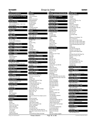 Title
Gazza & Lindisfarne
Fog On The Tyne (Revisited)
GDFR (Going Down For Real)
(Clean)
G29172
Gearing, Ashley
Can You Hear Me
Can You Hear Me When I Talk To You
Out The Window
Gearing, Ashley Wvocal
Out The Window
Gees, Bee
Alone
Stayin' Alive
Geggy Tah
Whoever You Are
Geiger, Teddy
For You I Will
For You I Will (Confidence)
These Walls
Geiger, Teddy Wvocal
These Walls
Geiger, Teddy W-Vocal
These Walls
Geils, J. Band, The
Centerfold
Geils, J., Band
Centerfold
Detroit Breakdown
Freeze Frame
Love Stinks
GENE AUTRY
AT MAIL CALL TODAY
I'm Thinking Tonight Of My Blue Eyes
Gene Chandler
Duke Of Earl
GENE KELLY
Singin' In The Rain
Gene Loves Jezebel
Jealous
Gene Pitney
Nobody Needs Your Love
Twenty Four Hours Tulsa
Gene Watson
Drinkin' My Way Back Home
FAREWELL PARTY
General Public
I'll Take You There
Tenderness
General, El
Caramelo
Muevelo
Rica Y Apretadita
Te Ves Buena
Generation X
King Rocker
Genesis
Abacab
Anyway
Firth Of Fifth
Follow You Follow Me
Hold On My Heart
Hold On To My Heart
I Can't Dance
In Too Deep
Invisible Touch
Jesus He Knows Me
Screamin Songs by Artist Demon
Title
Genesis
Keep It Dark
Land Of Confusion
Mama
Man On The Corner
Misunderstanding
No Reply At All
No Son Of Mine
Shipwrecked
That's All
Throwing It All Away
Trick Of The Tail
Genies
Who's That Knockin'
Gentry, Bobbie
Ode To Billie Joe
Ode To Billy Joe
Gentry, Montgomery
All Night Long
Didn't I
Do Your Thing
Gone
Hell Yeah
Lucky Man
My Town
Self Made Man
Some People Change
Gentrys, The
Keep On Dancing
George Baker Selection
Morning Sky
George Baker Selection, The
Little Green Bag
George Canyon
I'll Never Do Better Than You
My Name
George Ducas
Teardrops
George Harrison
My Sweet Lord
George Jones
A Picture Of Me Without You
Ain't Love A Lot Like That
Choices
Finally Friday
He Stopped Loving Her Today
Honky Tonk Song
I'll Share My World With You
I'm A One Woman Man
I'm Not Ready Yet
Love In Your Eyes, The
Loving You Could Never Be Better
Man He Was, The
Race Is On, The
Real Deal
She's Mine
Shine On (Shine All Your Sweet Love On
Me)
Sinner And Saints
The Cold Hard Truth
The Race Is On
TWO STORY HOUSE
When The Last Curtain Falls
WHITE LIGHTNING
Why Baby Why
You Comb Her Hair
You Never Know Just How Good You
Your Heart Turned Left (And I Was On The
Right)
You've Still Got A Place In My Heart
Title
George Jones & Garth Brooks
Beer Run
George Jones & Melba
Montgomery
We Must Have Been Out Of Our Minds
George Macrae
Rock Your Baby
George Mc Crae
Rock Your Baby
George McCrae
Rock Your Baby
George Michael
A Different Corner
Amazing
An Easier Affair
Careless Whisper
Faith
Fastlove
Father Figure
I'm Your Man
Jesus To A Child
One More Try
Praying For Time
George Strait
A Fire I Can't Put Out
Ace In The Hole
Adalida
All My Ex's Live In Texas
Am I Blue
Baby Blue
Best Day
Best Day, The
Big One, The
Blue Clear Sky
Carried Away
Carrying Your Love With Me
Chair, The
Check Yes Or No
Chill Of An Early Fall
Christmas Cookies
Cowboys Like Us
Desperately
Do The Right Thing
Does Ft. Worth Ever Cross Your Mind
Don't Make Me Come Over There And
Love You
Drinkin' Champagne
Drinking Champagne
Easy Come Easy Go
Easy Come, Easy Go
Fool Hearted Memory
Give It Away
Go On
Gone As A Girl Can Get
Heartland
Honk If You Honky Tonk
Honkytonkville
I Can Still Make Cheyenne
I Cross My Heart
I Hate Everything
I Just Want To Dance With You
I Know She Still Loves Me
I Wasnt Fooling Around
I'd Like To Have That One Back
If I Know Me
If You Can Do Anything Else
It Just Comes Natural
King Of The Mountain
King Of The Mountian
Lead On
Let's Fall To Pieces Together
Title
George Strait
Living And Living Well
Love Bug
Lovebug
Lovesick Blues
Man In Love With You, The
Marina Del Ray
Meanwhile
Ocean Front Property
One Night At A Time
Out Of The Blue Clear Sky
Overnight Male
Overnight Sucess
Right Or Wrong
River Of Love
Round About Way
Run
Seashores Of Old Mexico, The
She Let Herself Go
She'll Leave You With A Smile
She'll Leave You With A Smile (1997)
She'll Leave You With A Smile (2002)
Tell Me Something Bad About Tulsa
Texas
The Best Day
The Chill Of An Early Fall
The Man In Love With You
Today My World Slipped Away
True
We Really Shouldn't Be Doing This
What Do You Say To That
Wrapped
Write This Down
You Haven't Left Me Yet
You Know Me Better Than That
You Look So Good In Love
Youll Be There
You'll Be There
George Strait (Vocal)
Wrapped
George, Barbara
I Know
I Know You Don't Love Me No More
George, Thorogood
Bad To The Bone
Georgia Middleman
No Place Like Home
Georgia Satellites
Hippy Hippy Shake
Keep Your Hands To Yourself
Georgia Satellites, The
Hippy Hippy Shake
Keep Your Hands To Yourself
GEORGIA SATTILITES
The Hippy Hippy Shake
Georgy Girl
The Seekers
Gerald Levert
One Million Times
Geraldine
Mahal Ginagabi Ka Na Naman
Gerardo
Rico Suave
Gerardo Reyes
Lampara Sin Luz
Libro Abierto
Gerblansky, Ned
Feel Like Making Love
ofPrinted 5/6/2015 Page 98 Licensed to Marcello Adamo286Song List Generator®
 