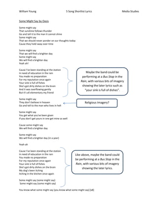 William Young                               5 Song Shortlist Lyrics                      Media Studies


Some Might Say by Oasis

Some might say
That sunshine follows thunder
Go and tell it to the man it cannot shine
Some might say
That we should never ponder on our thoughts today
Cause they hold sway over time

Some might say
That we will find a brighter day
Some might say
We will find a brighter day
Yeah ah!

Cause I've been standing at the station
In need of education in the rain                             Maybe the band could be
You made no preparation                                   performing at a Bus Stop in the
For my reputation once again
                                                         Rain, with various bits of imagery
Your sink is full of fishes
She's got dirty dishes on the brain                       showing the later lyrics such as
And it was overflowing gently                               “your sink is full of dishes”.
But it's all elementary my friend

Some might say
They don't believe in heaven                                Religious Imagery?
Go and tell to the man who lives in hell

Some might say
You get what you've been given
If you don't get yours in one get mine as well

Cause some might say
We will find a brighter day

Some might say
We will find a brighter day (in a year)

Yeah-ah

Cause I've been standing at the station
In need of education in the rain                    Like above, maybe the band could
You made no preparation
For my reputation once again
                                                    be performing at a Bus Stop in the
Your sink is full of fishes                         Rain, with various bits of imagery
She's got dirty dishes on the brain                       showing the later lyrics.
My dog's been itching
Itching in the kitchen once again

Some might say (some might say)
Some might say (some might say)

You know what some might say (you know what some might say) [x8]
 