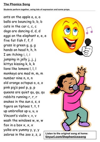 The Phonics Song
Students perform together, using lots of expression and some props.


ants on the apple a, a, a
balls are bouncing b, b, b
cats in the car c, c, c
dogs are dancing d, d, d
eggs on the elephant e, e, e
five fat fish f, f, f
grass is green g, g, g
hands on head h, h, h
I am itching i, i, i
jumping in jelly j, j, j
kittys kissing k, k, k
lions like lemons l, l, l
monkeys are mad m, m, m
number nine n, n, n
old orange octopus o, o, o
pink pig’s pool p, p, p
queens are quiet qu, qu, qu
rabbits running r, r, r
snakes in the sun s, s, s
tigers on tiptoes t, t, t
up umbrellas up u, u, u
Vincent’s violin v, v, v
wash the windows w, w, w
fox in a box x, x, x
yolks are yummy y, y, y
zebras in the zoo z, z, z Listen to the original song at home:
                                          tinyurl.com/thephonicssong
 