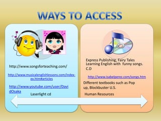 Express Publishing, Fairy Tales
                                               Learning English with funny songs.
http://www.songsforteaching.com/
                                               C.D
http://www.musicalenglishlessons.com/index-
                                                http://www.isabelperez.com/songs.htm
             ex.htm#articles
                                              Different textbooks such as Pop
http://www.youtube.com/user/Davi              up, Blockbuster U.S.
dOsaka
            Laserlight cd                     Human Resources
 