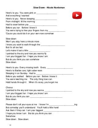 Slow Down - Nicole Nordeman
Here's to you You were pink or _________________
And everything I wanted
Here's to you Never sleeping __________________
From midnight till the morning
Had to crawl before you _______________________
Before you ran Before I knew it
You were trying to free your fingers from my ______________
'Cause you could do it on your own now somehow
Slow down
Won't you stay here a minute more
I know you want to walk through the ____________________
But it's all too fast
Let's make it last a little __________________
I pointed to the sky and now you wanna fly
I am your biggest fan I hope you know I am
But do you think you can somehow
Slow down
Here's to you Every missing tooth Every ______________________
Here's to Barbie cars, light saber wars
Sleeping in on Sunday Had to _______________________________
Before you walked Before you ran Before I knew it
You were teaching me The only thing love can
Hold hands through it When it's scary, you've got me
Chorus
I pointed to the sky and now you wanna _______________________
I am your biggest fan I hope you know I am
But do you think you can ___________________________
Slow down
Please don't roll your eyes at me I know I'm _____________________ing
But someday you'll understand You'll hold a little hand
Ask them if they can I am your biggest __________________________
I hope you know I am But do you think you can
Somehow
Slow down Slow down
145
 